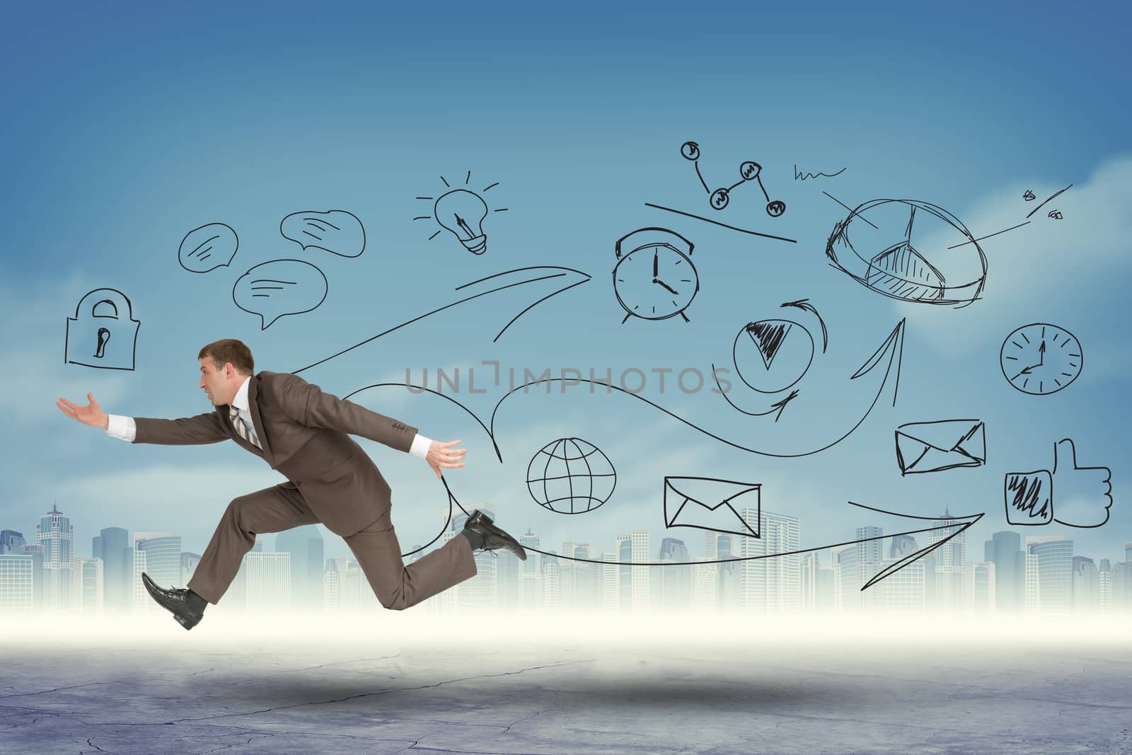 Businessman running fast on abstract background with symbols