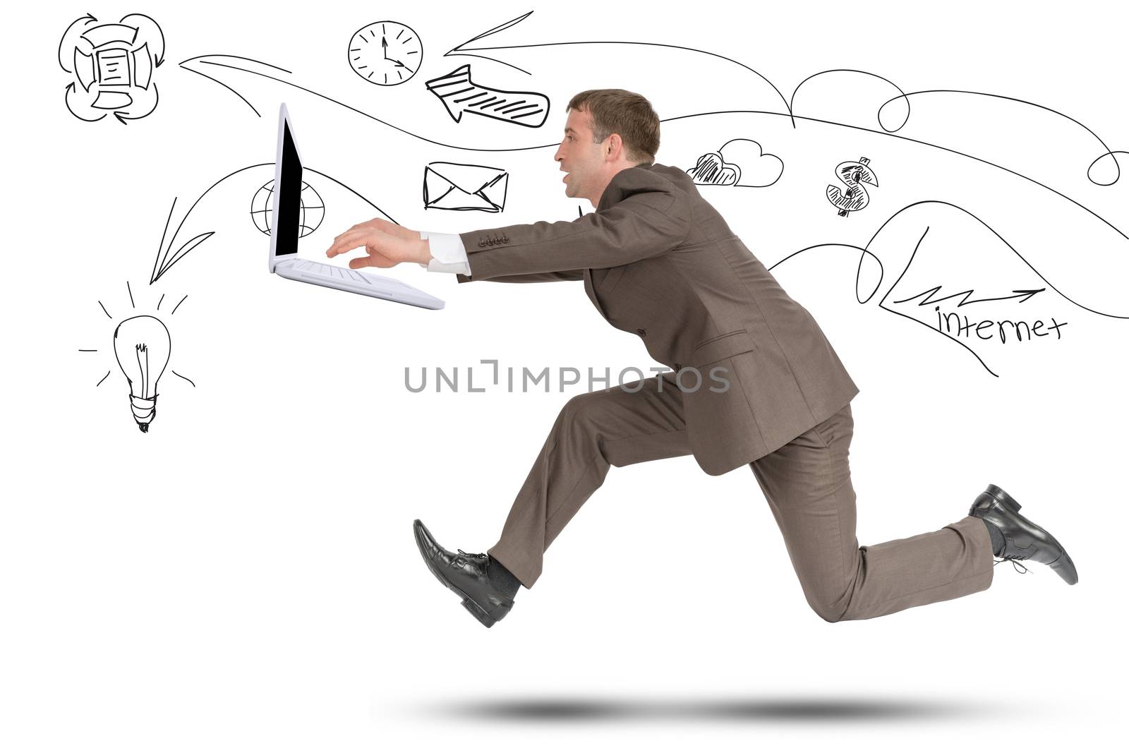 Businessman running fast with laptop on isolated white background