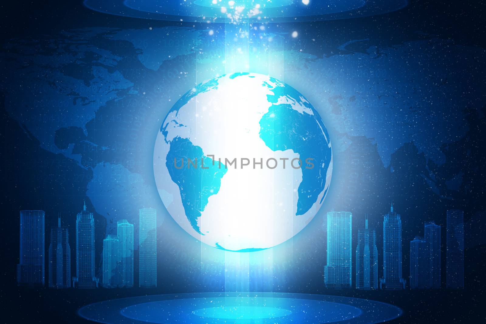 Earth on abstract blue background with graphical charts