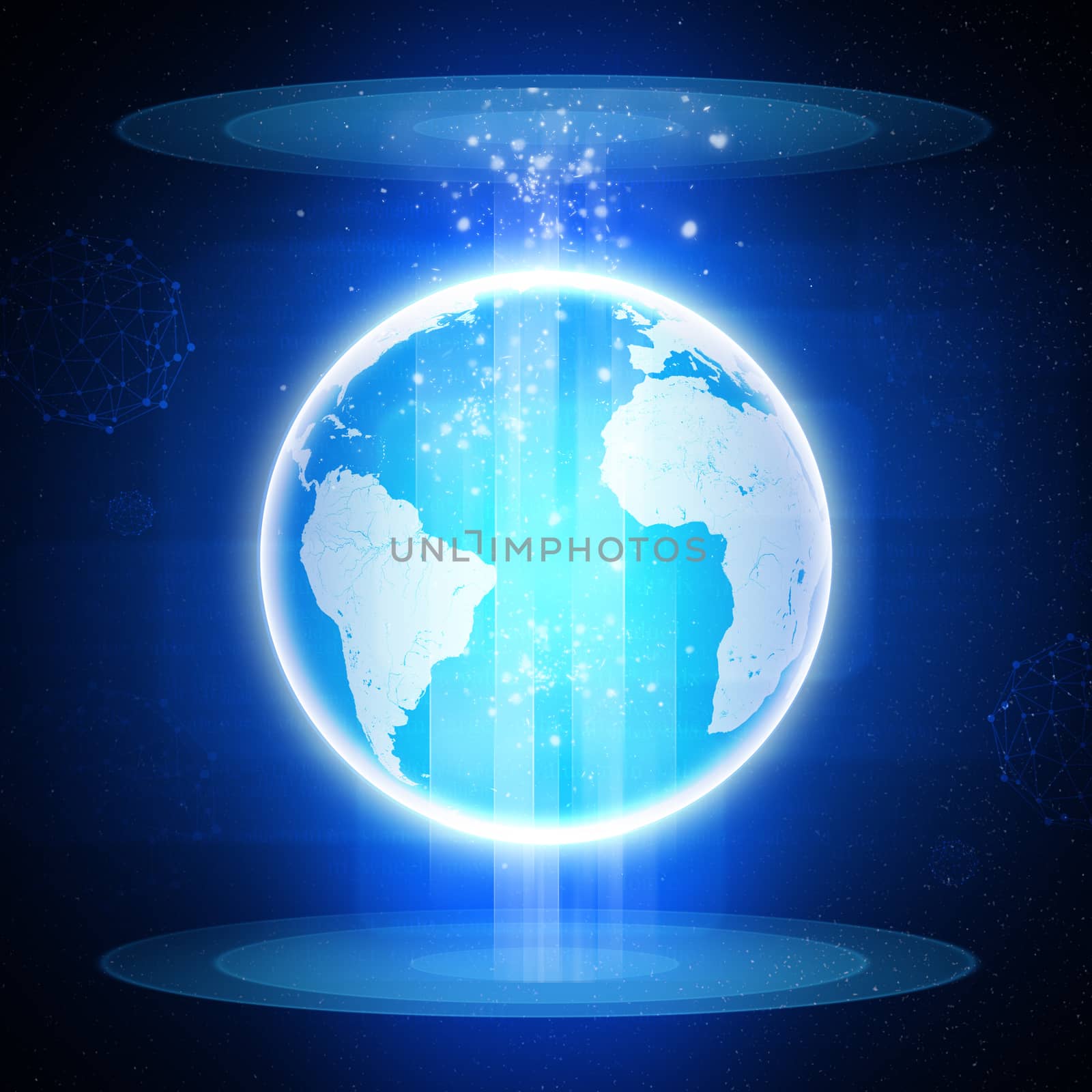 Earth with spotlights on abstract blue background