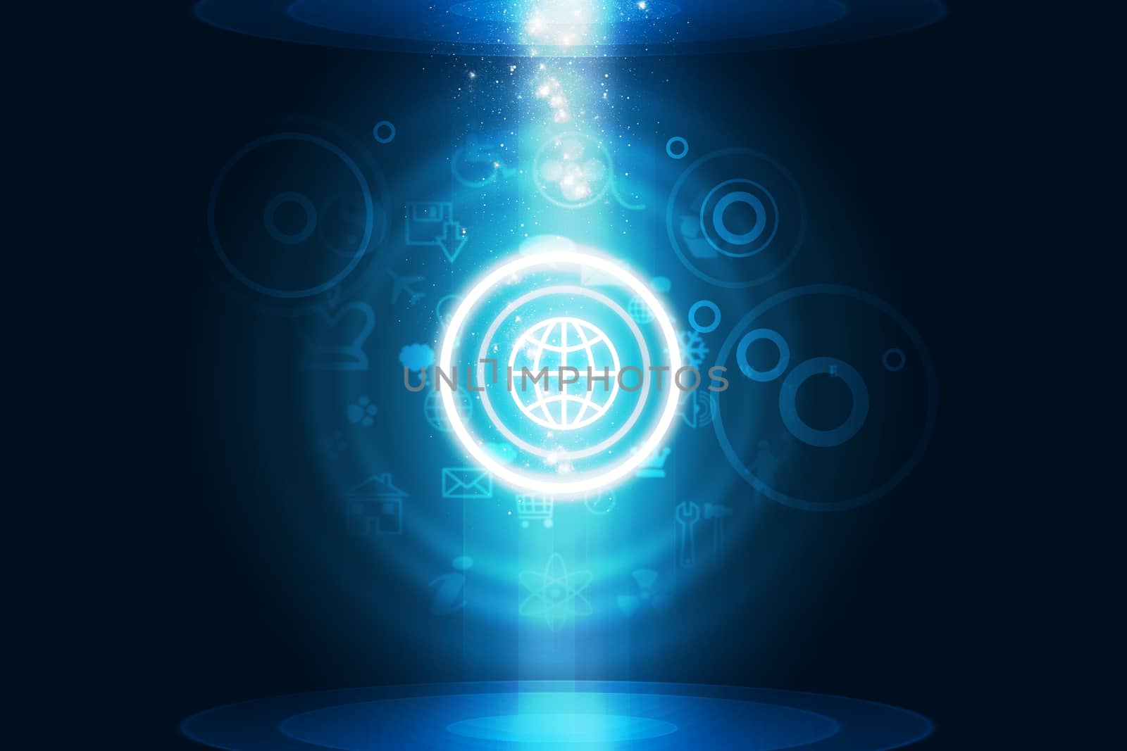 Abstract blue background with computer icons and lightspot