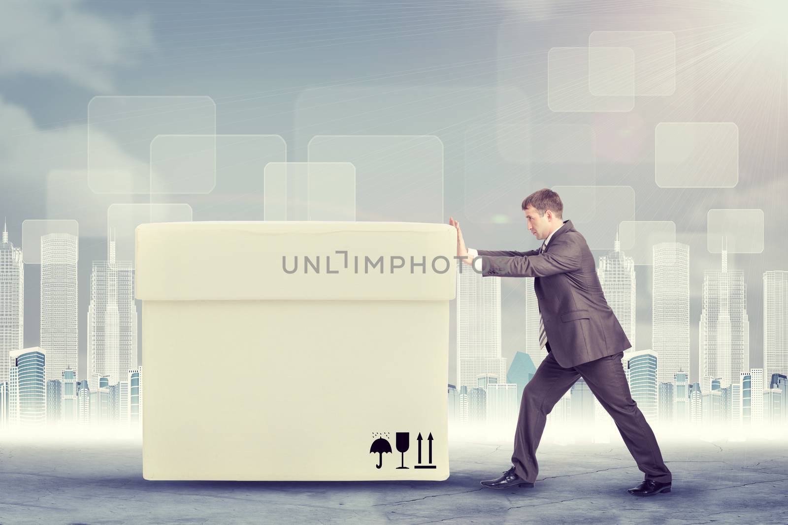 Businessman pushing big white box  by cherezoff