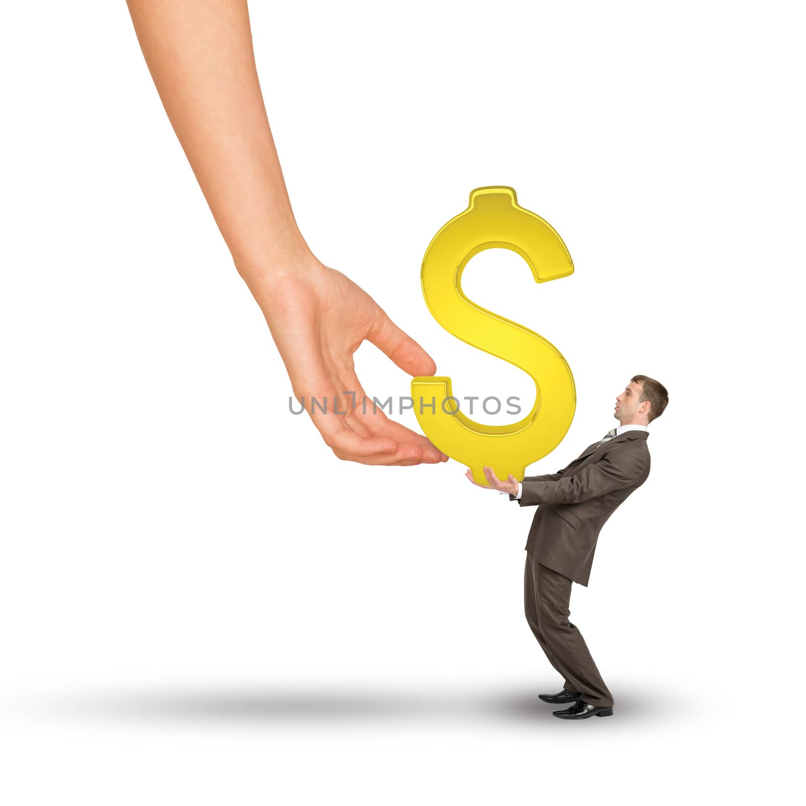 Hand giving dollar sign to businessman on isolated white background