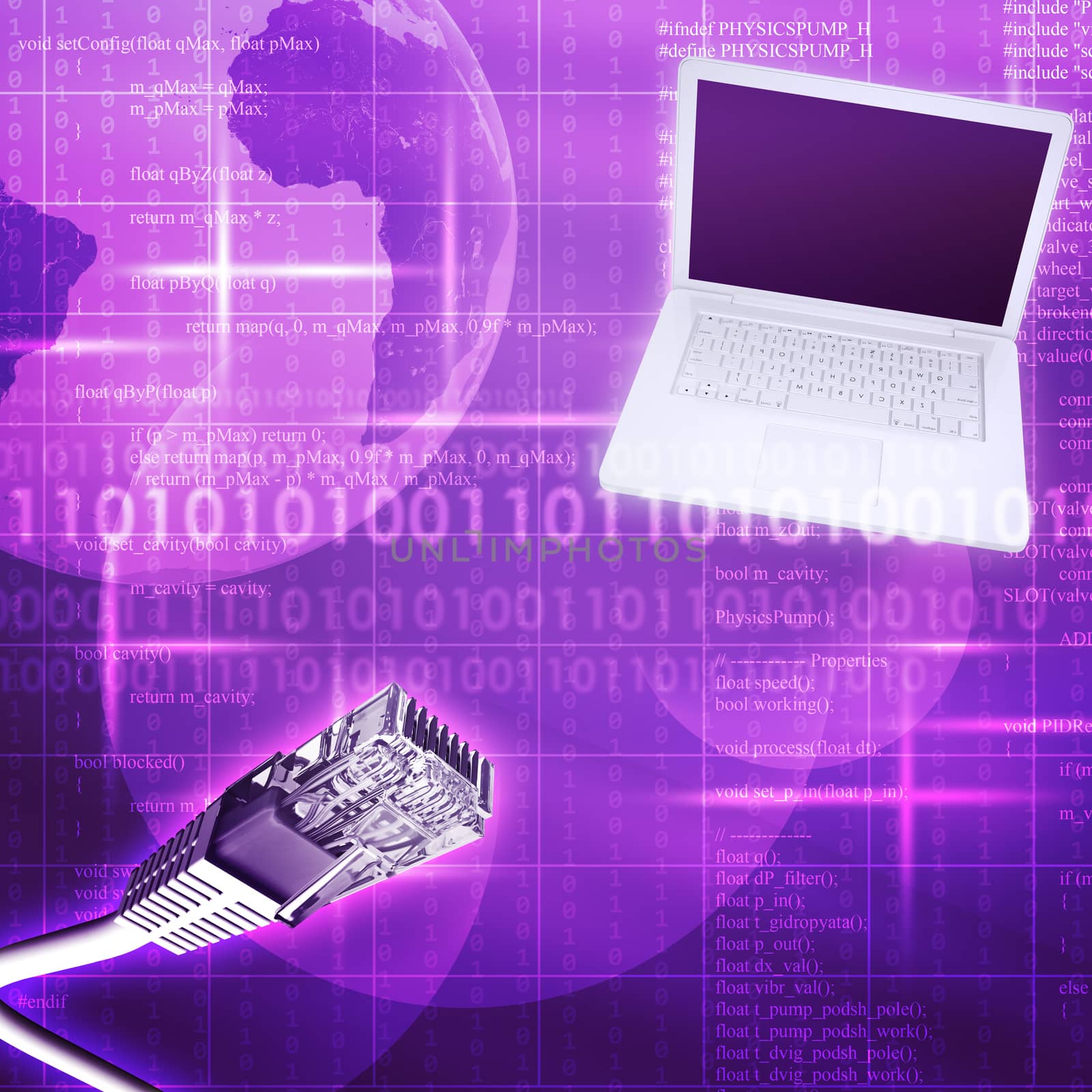 Laptop with cable on abstract colorful background