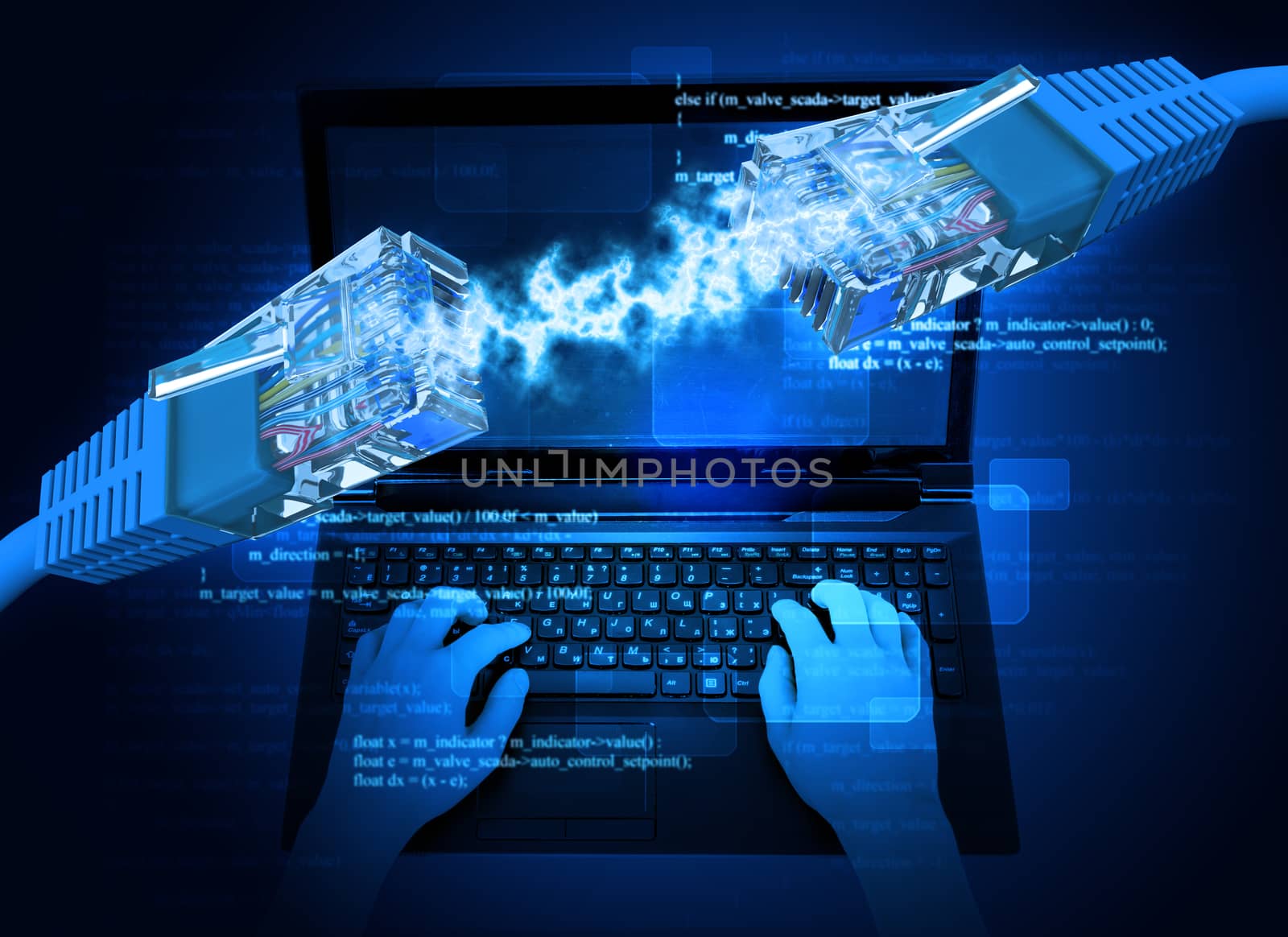Womans hands with laptop and computer cables on abstract background