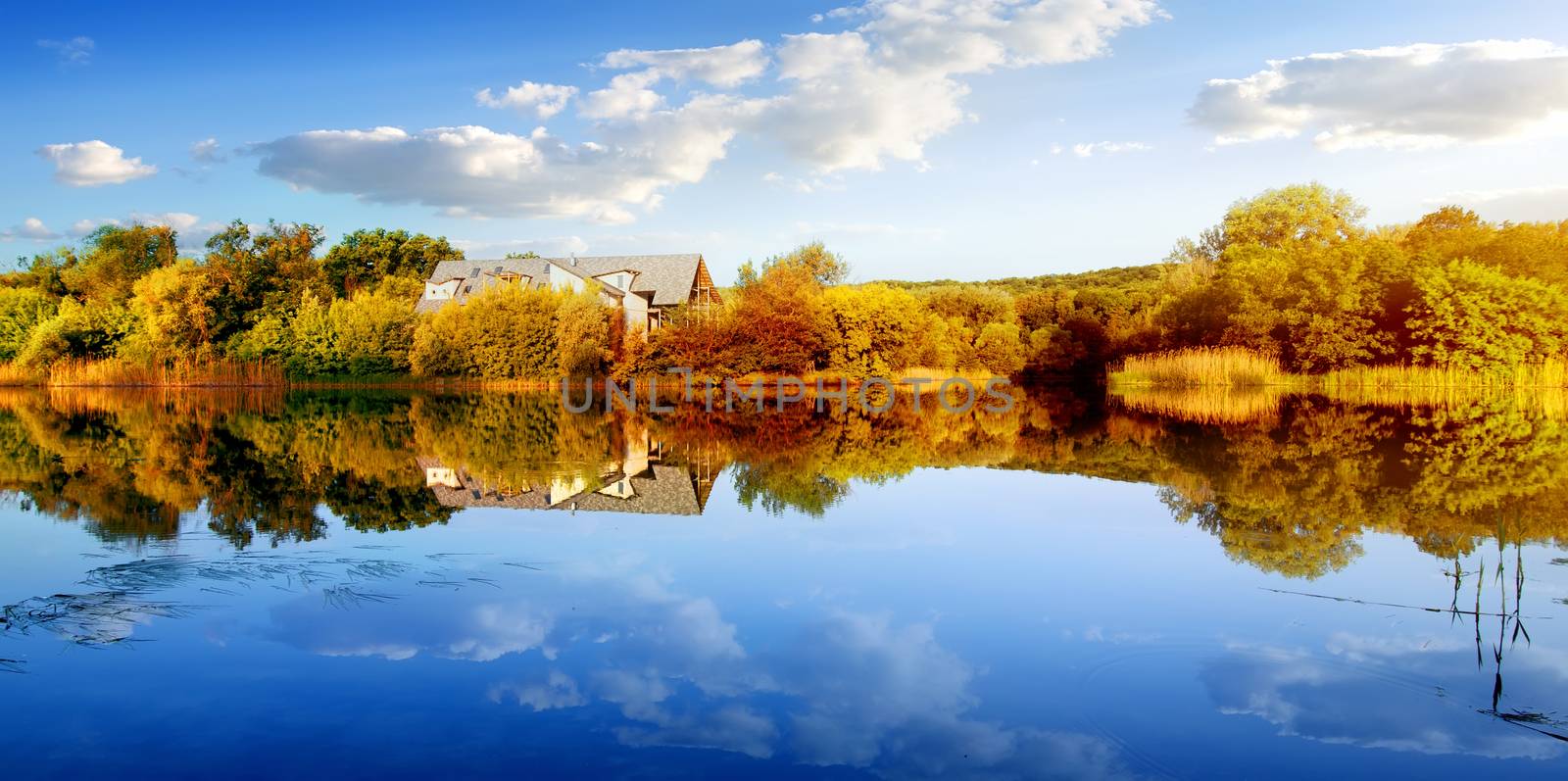 House in autumn forest near calm river