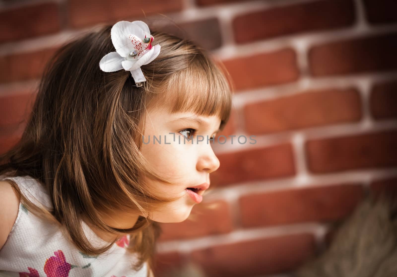 portrait of a baby on the background brick wall