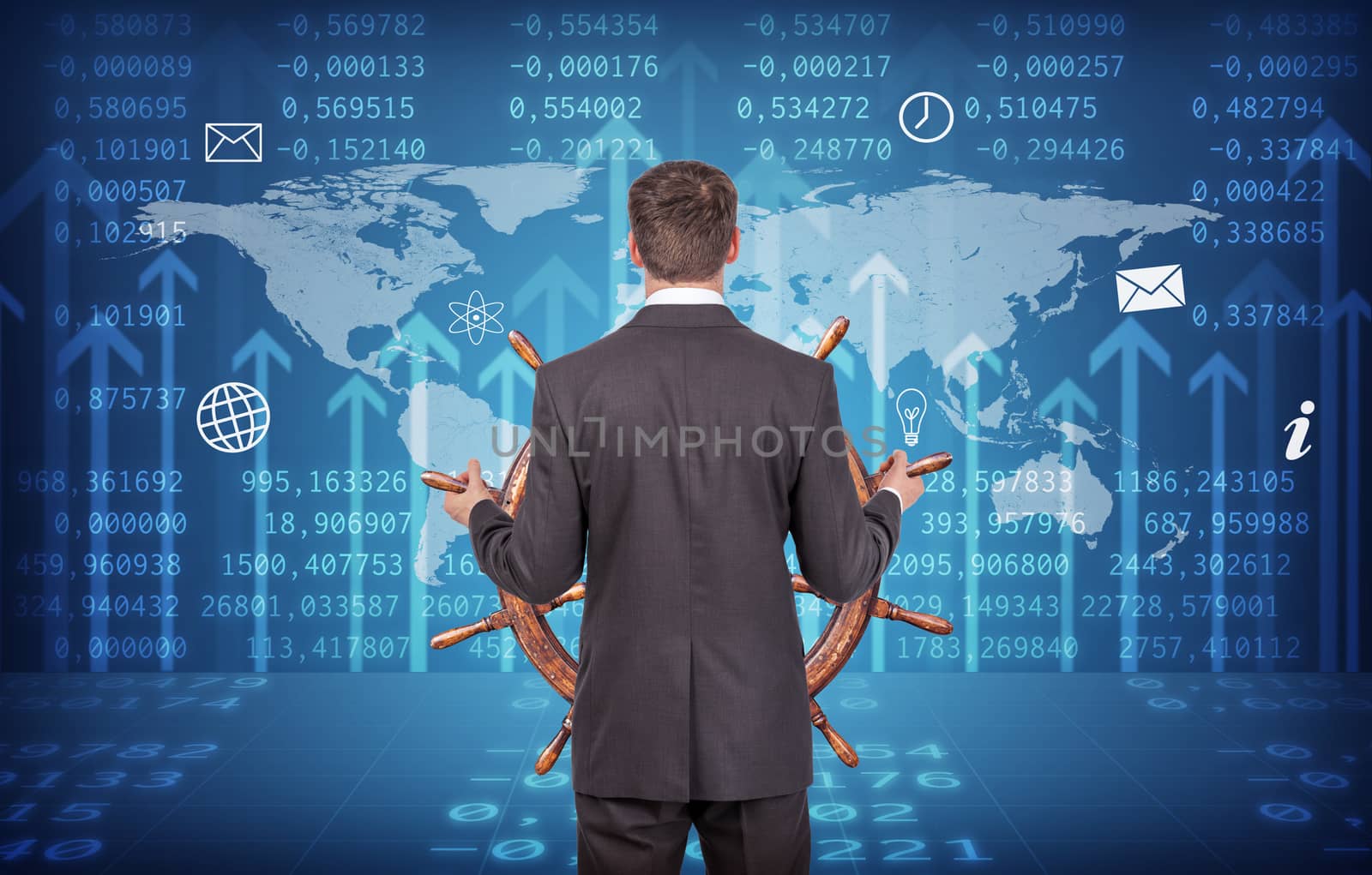 Businessman holding steering wheel on abstract background with world map