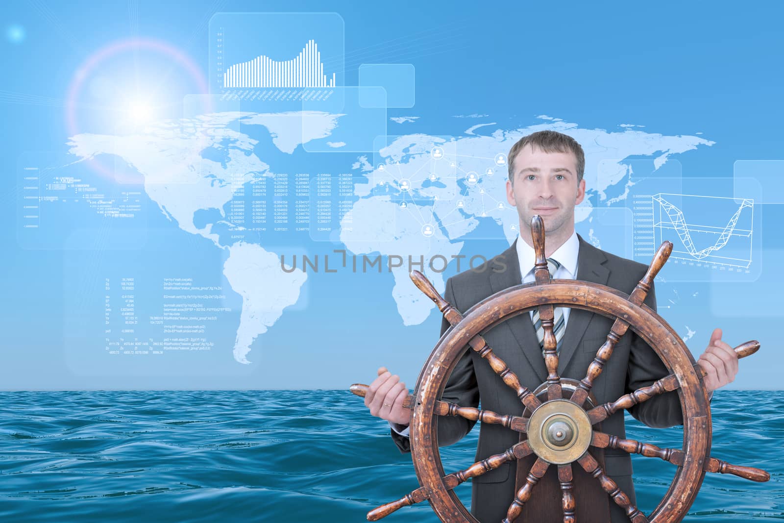 Businessman holding steering wheel on abstract background with world map