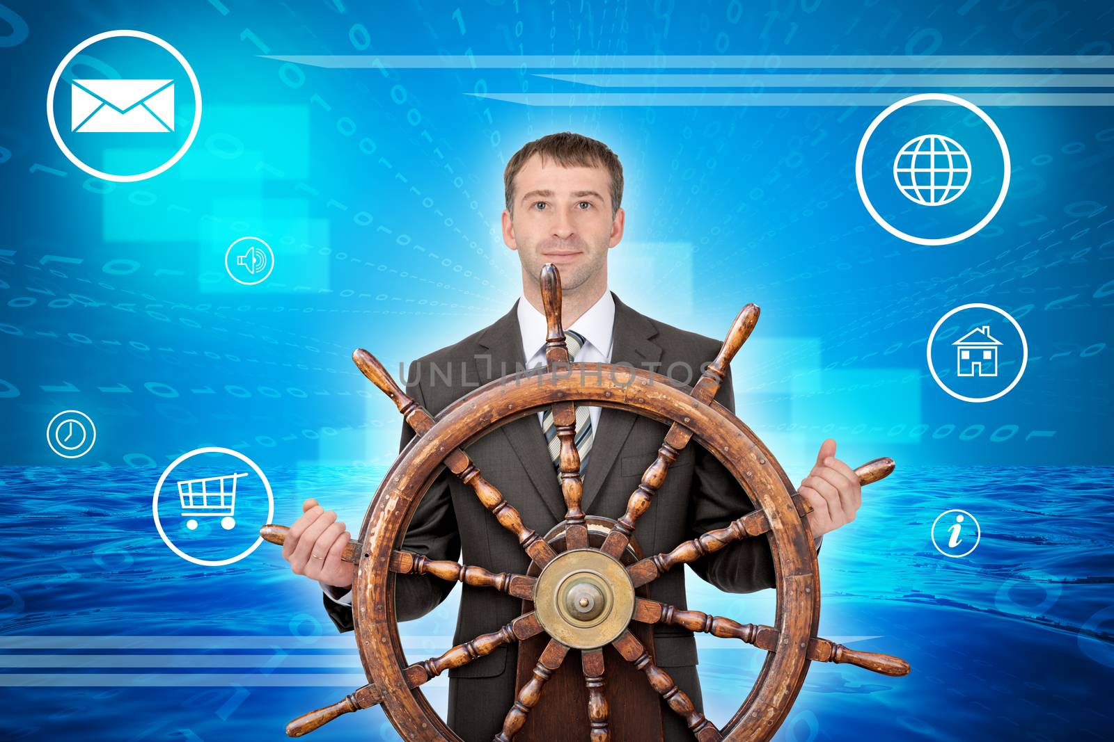 Businessman holding steering wheel on abstract background with computer icons