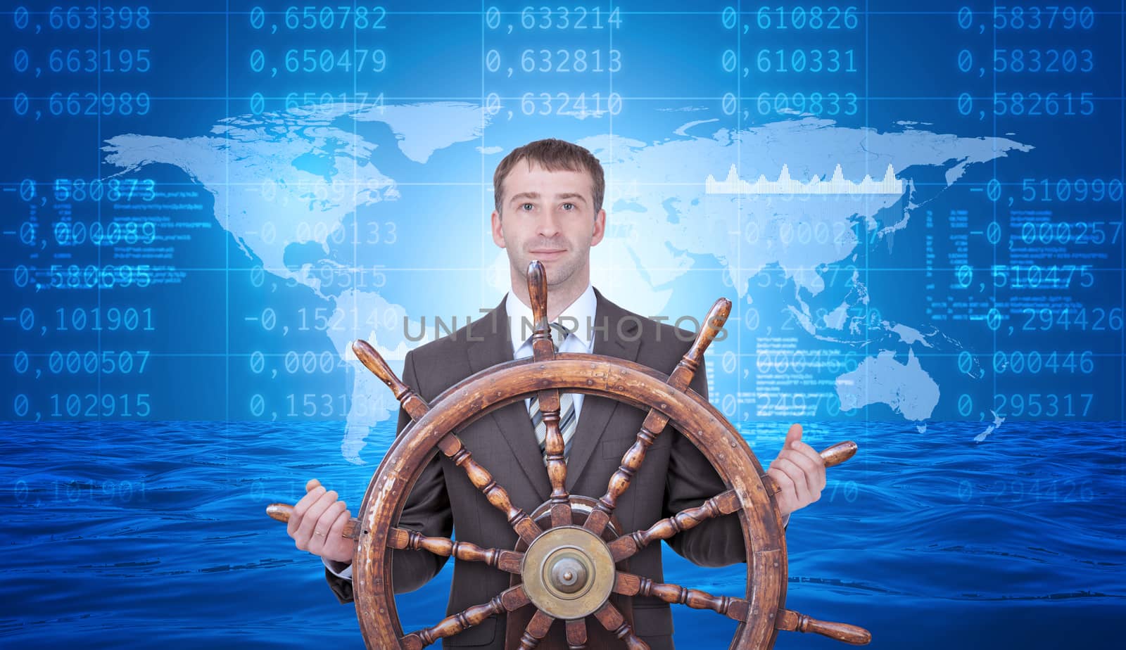 Businessman holding steering wheel on abstract background with world map