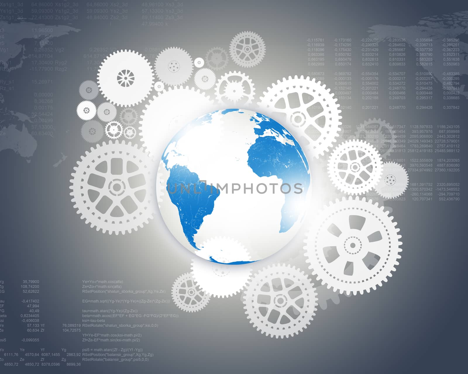 Earth globe with cogs on abstract background with world map