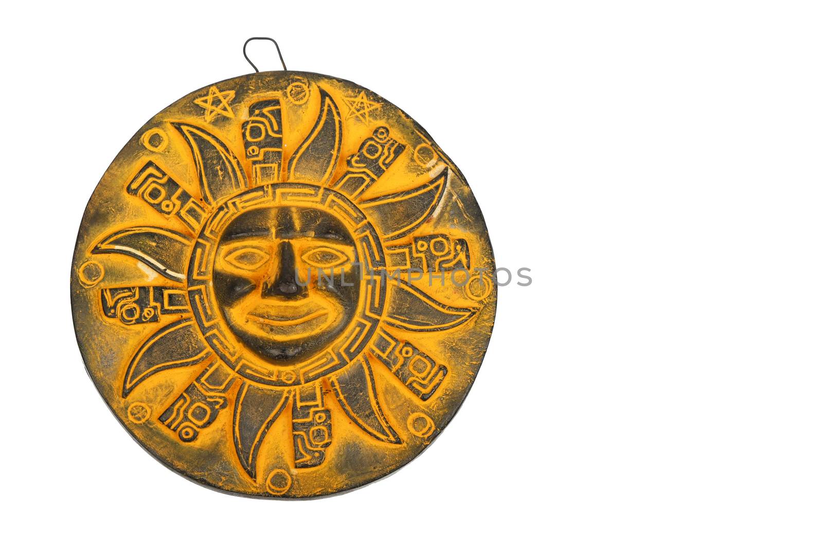 Mexican yellow ceramic sun souvenir isolated on white by BreakingTheWalls