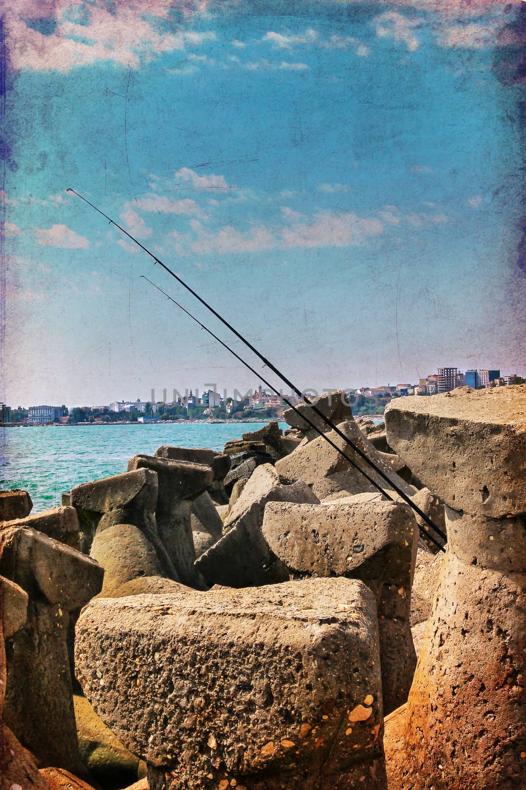 Two fishing rod on the concrete structures at Constanta shore