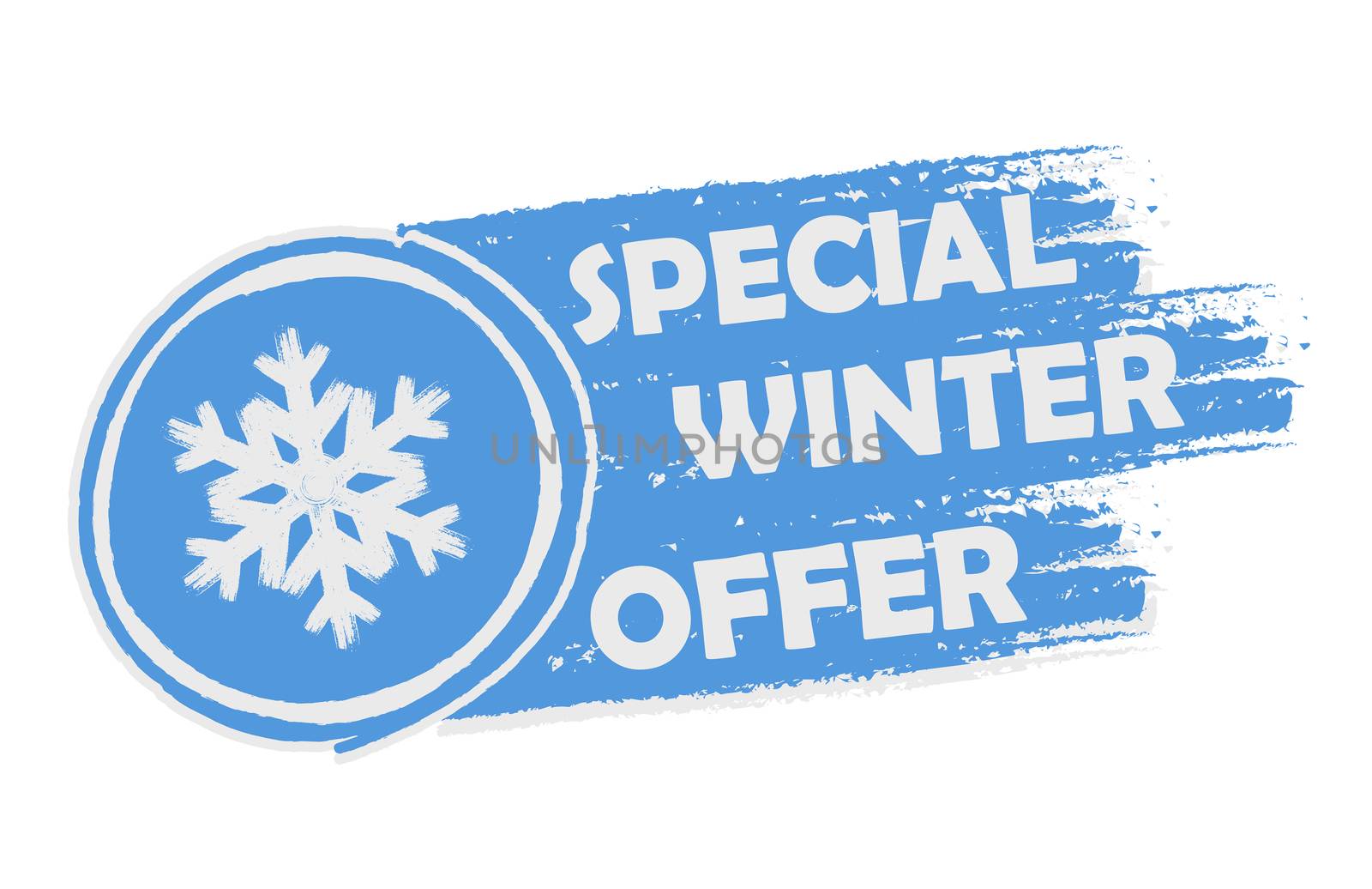 special winter offer with snowflake sign banner - text and symbol in drawn label, business seasonal shopping concept