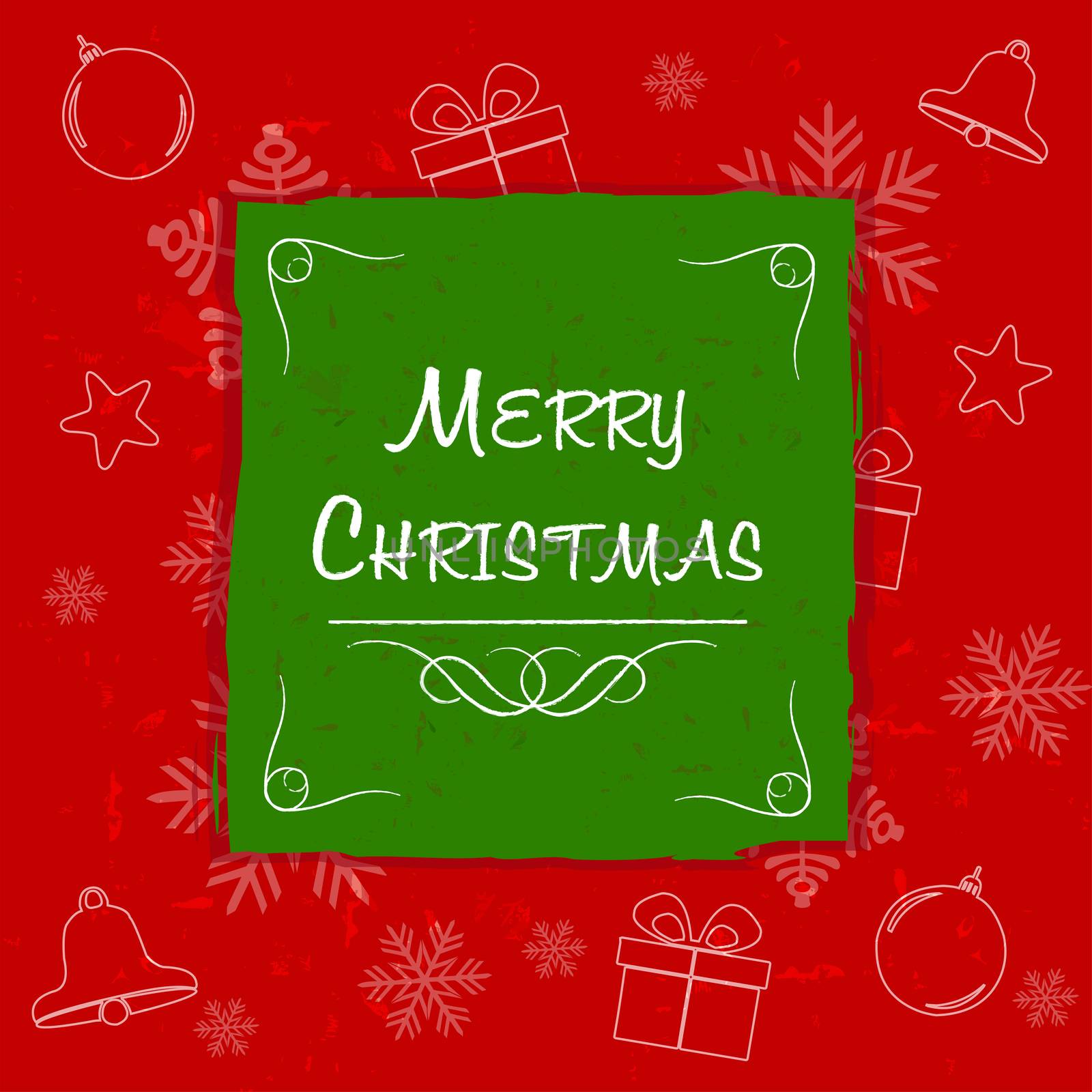merry christmas in green frame and christmas symbols, greeting card, holiday seasonal concept