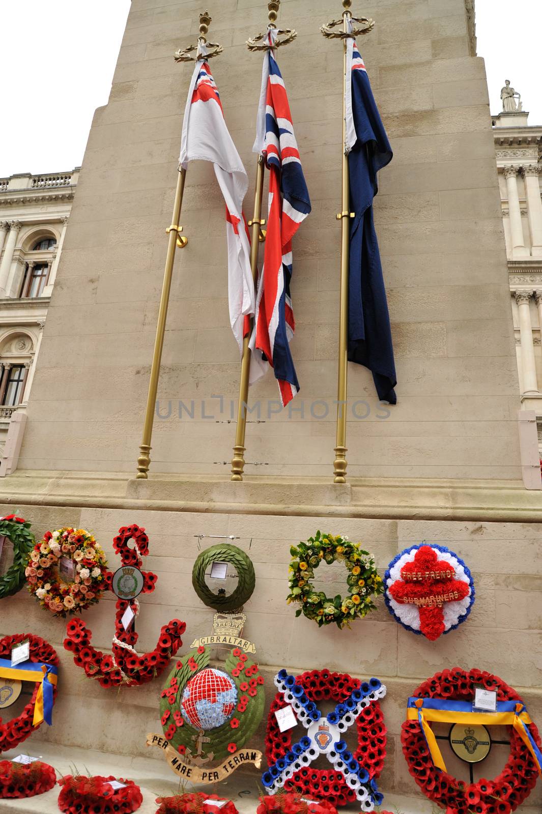 UK, London: Wreaths are laid at the Cenotaph on Whitehall for Remembrance Sunday on November 8, 2015. Both political leaders and members of the royal family visited the site that day during the National Service of Remembrance, honoring those who were killed in combat during World War II and after.