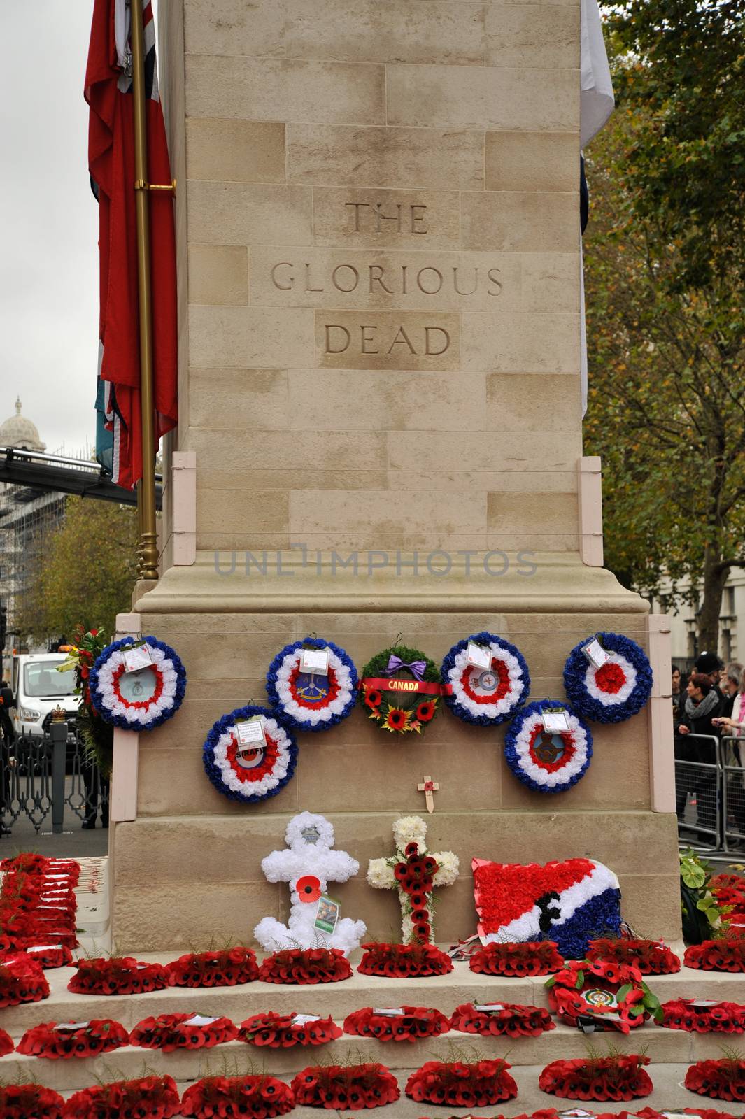 UK, London: Wreaths are laid at the Cenotaph on Whitehall for Remembrance Sunday on November 8, 2015. Both political leaders and members of the royal family visited the site that day during the National Service of Remembrance, honoring those who were killed in combat during World War II and after.