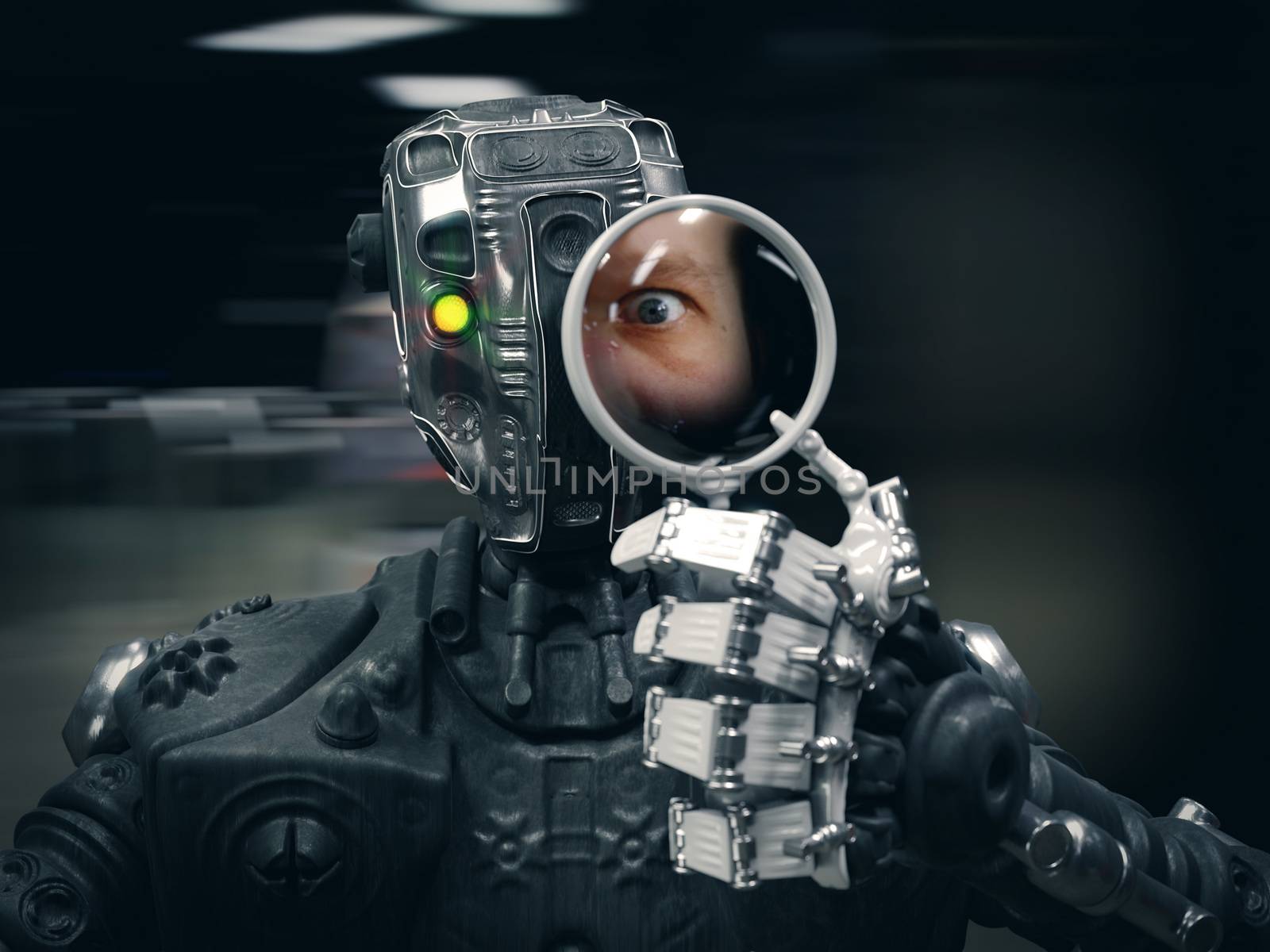 Robot  holding a Magnifying glass with human face conceptual composition by denisgo