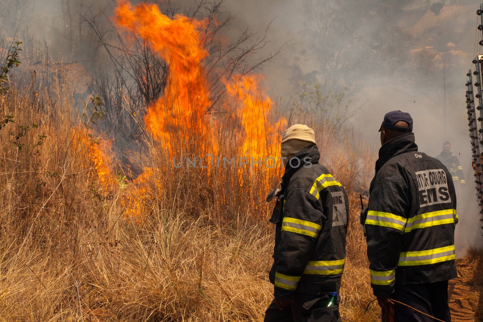 Fire fighters attending to a brush fire in Johannesburg.