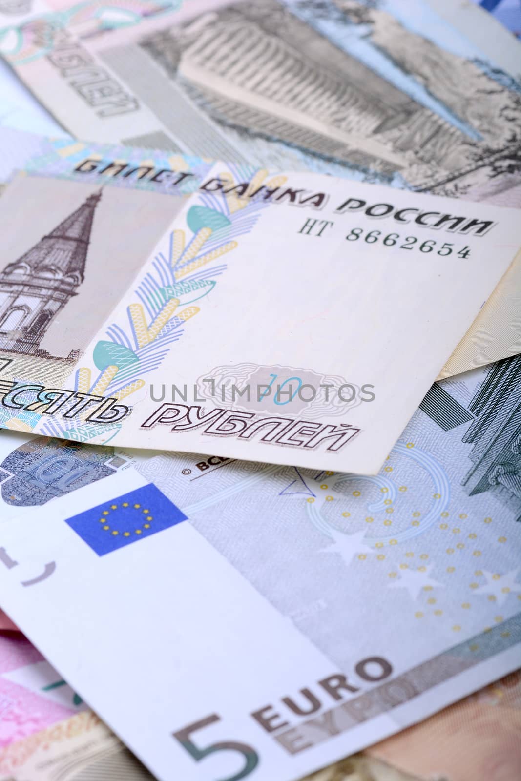 Heap from dollars, the Russian rubles and euro by fotoscool