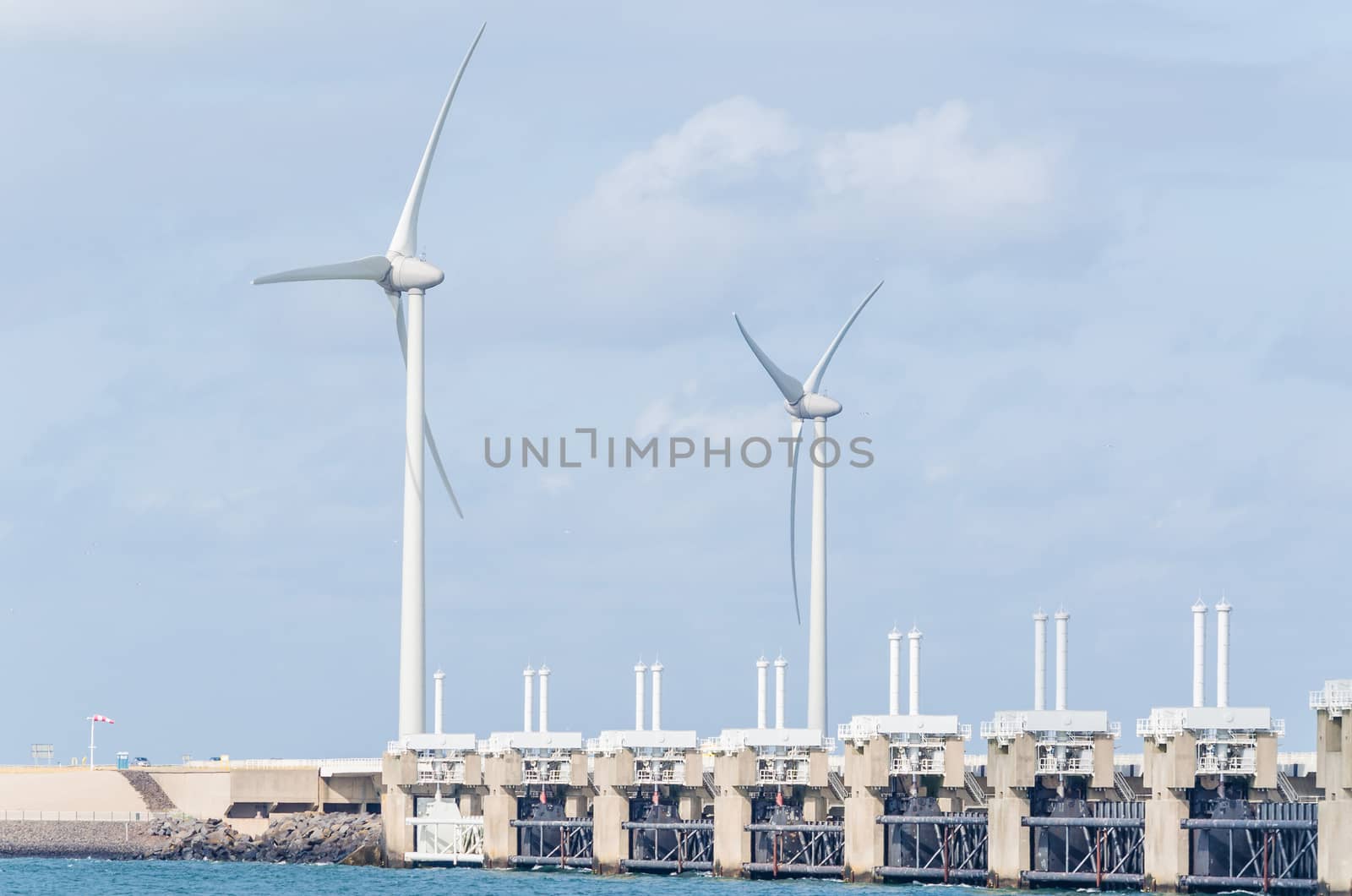 Wind turbine in the sea off the Dutch North Sea coast.