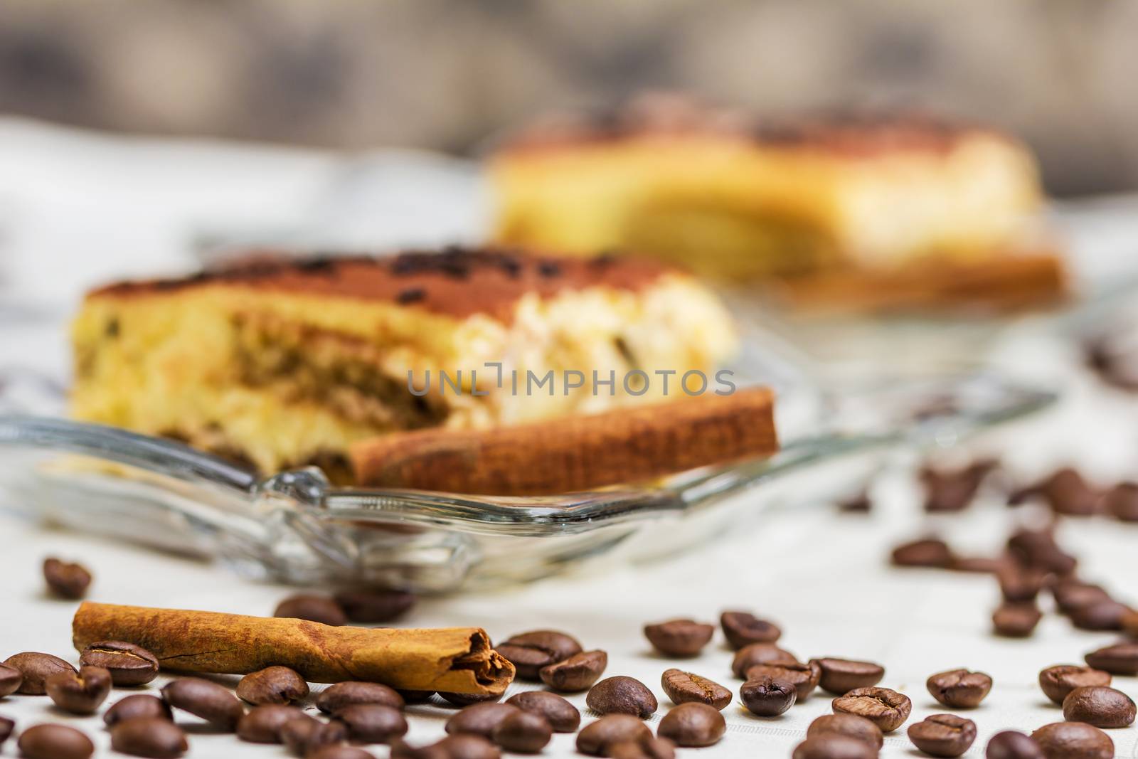 Tiramisu Cake with coffee beans and cinnamon