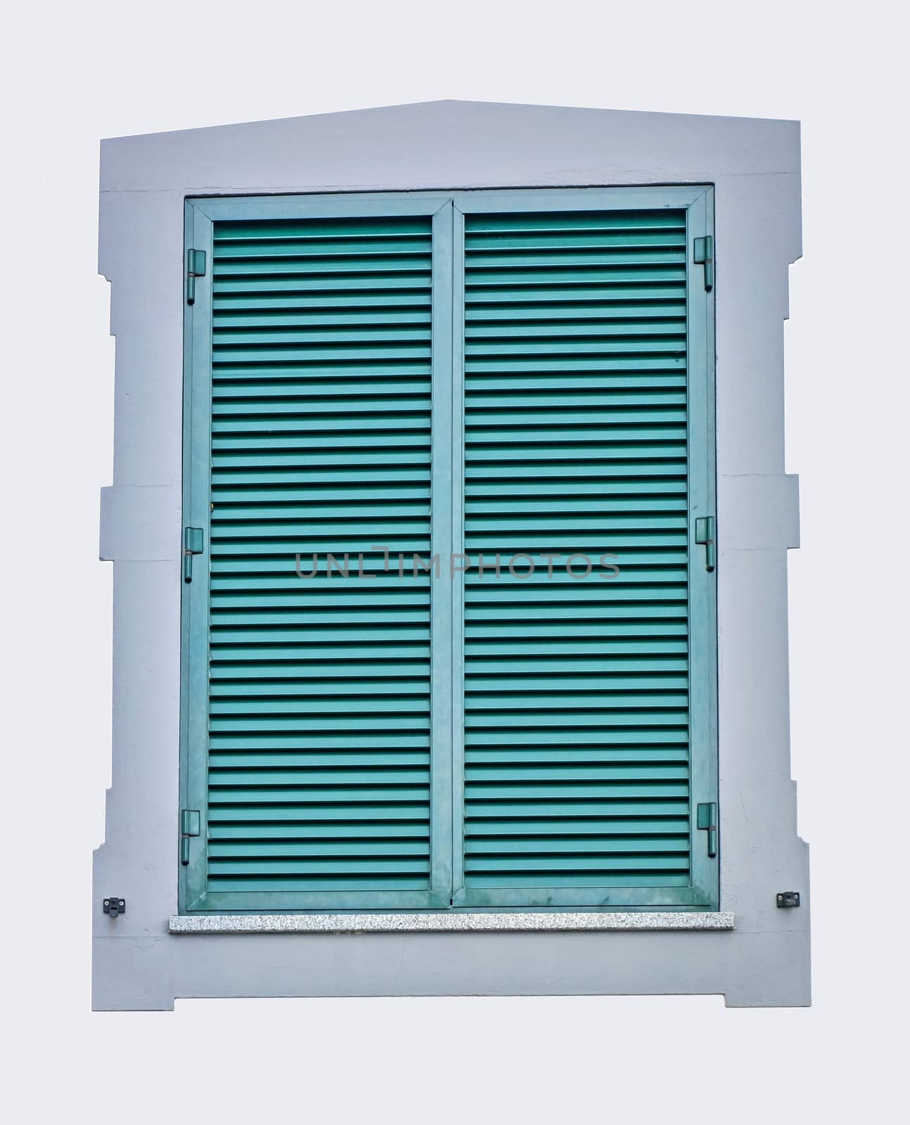 Closed green window shutter isolated on white background