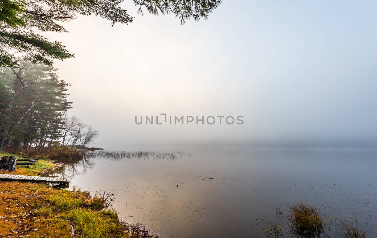 Still, cool air and warm lake water make for an early morning masking of the water in a near opaque fog show.