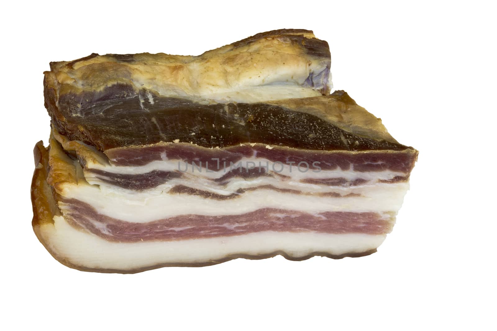  Smoked bacon chunk, isolated on white background