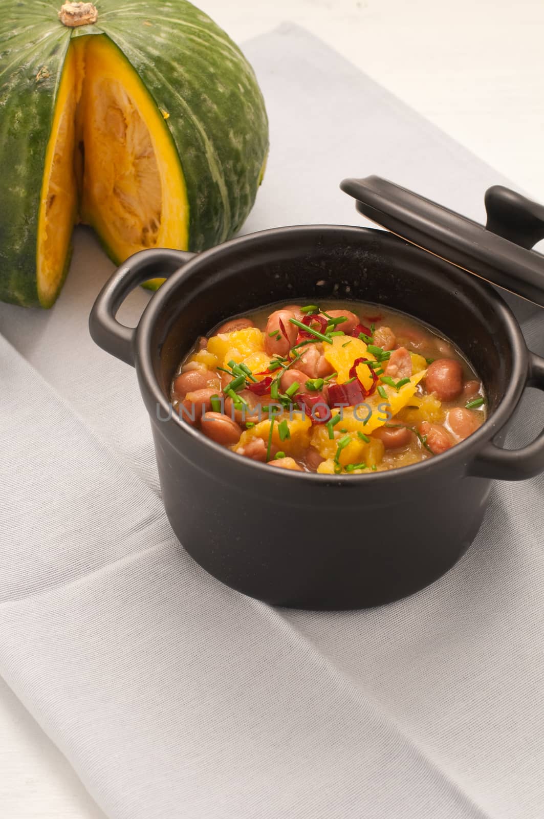 Soup with beans and squash with chilli powder, italy