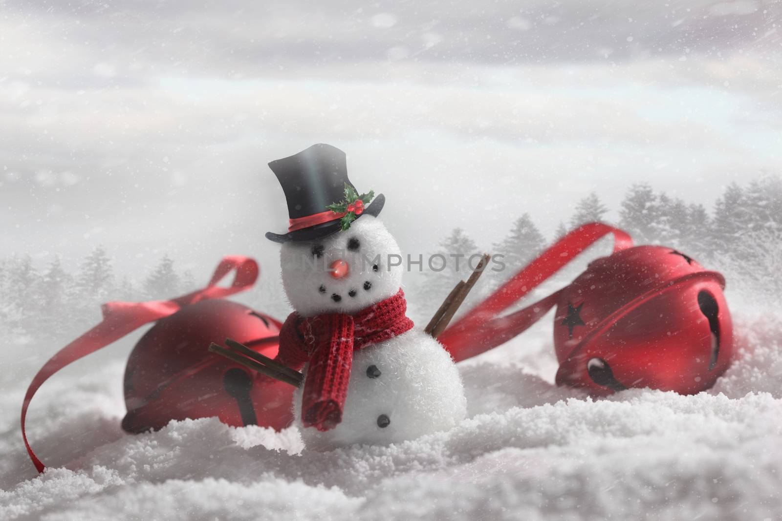 Snowman with bells in snowy winter background