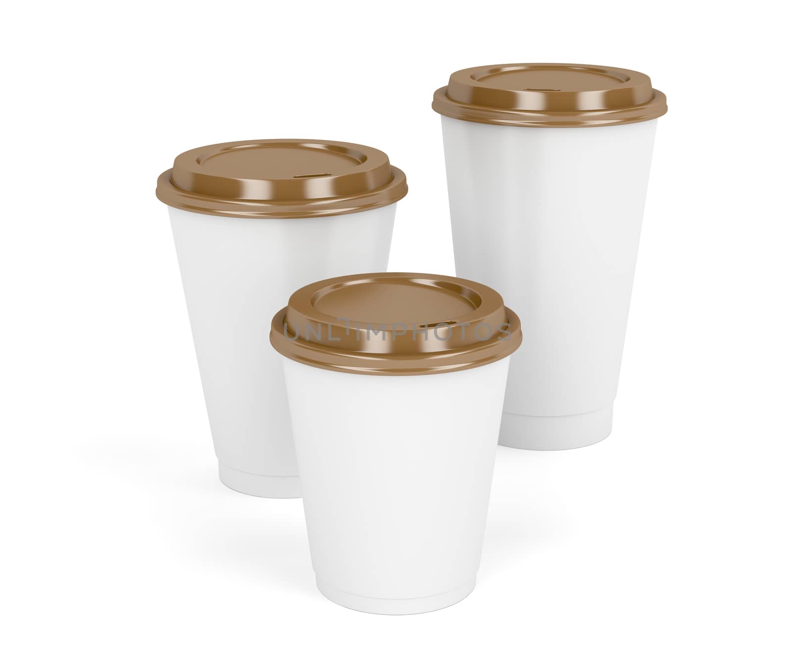 Three paper coffee cups with brown lids on white background 