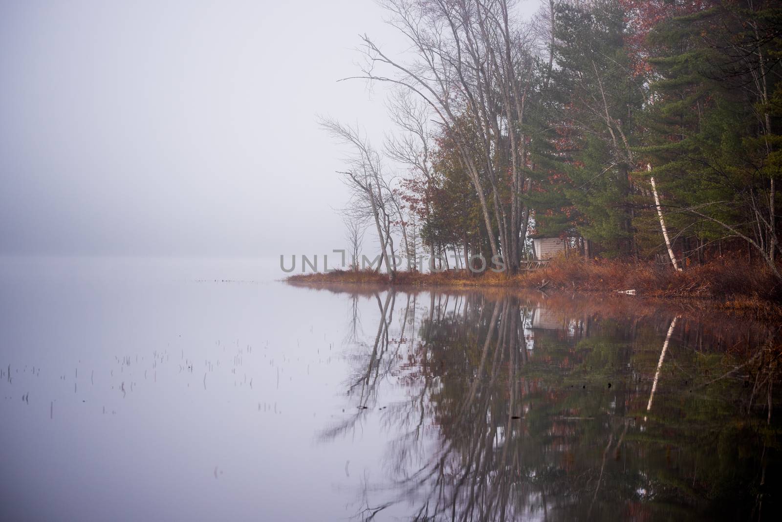 Still, cool air and warm lake water make for an early morning masking of the water in a near opaque fog show.