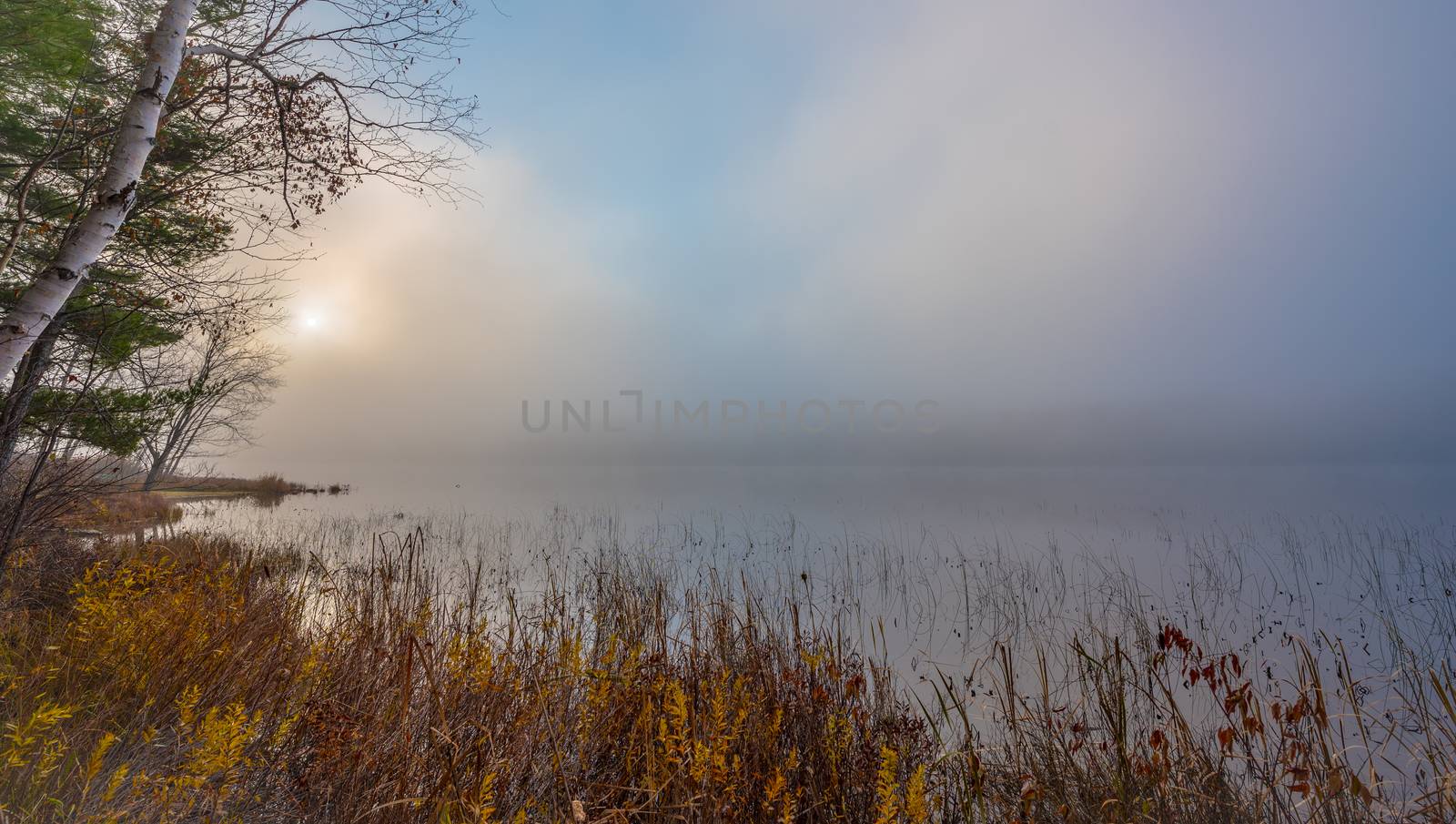 Still, cool air and warm lake water make for an early morning masking of the water in a near opaque fog show.