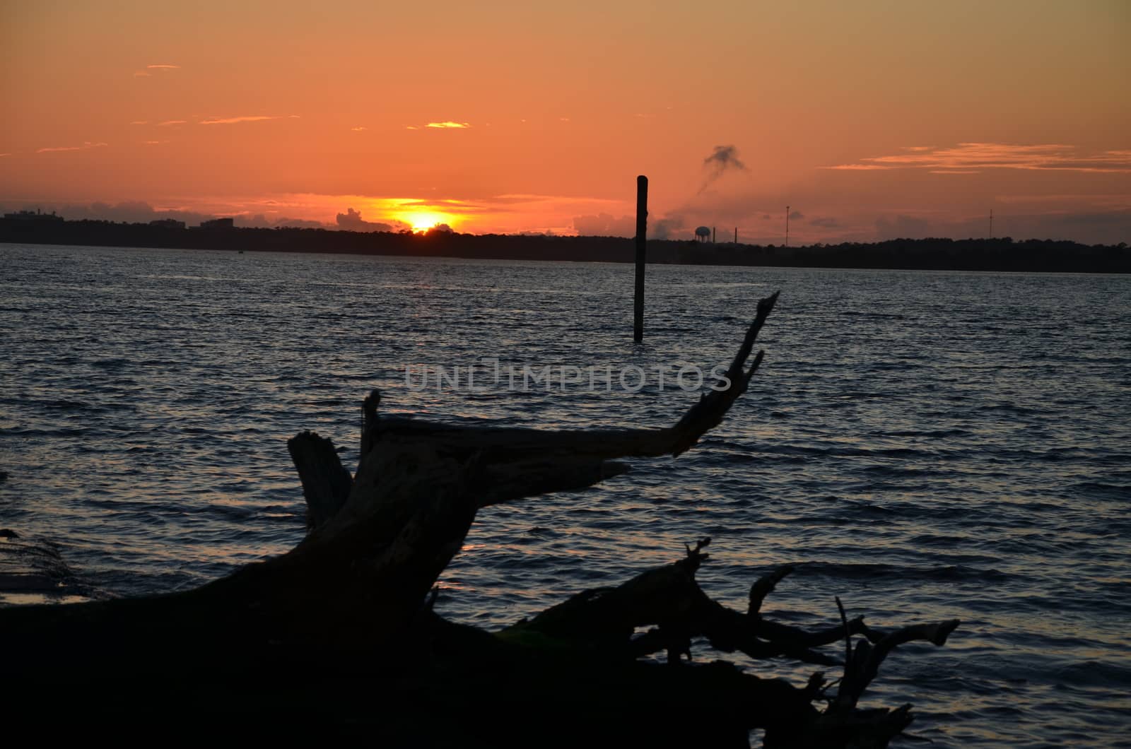 The last light of day over the cape fear river in North Carolina.