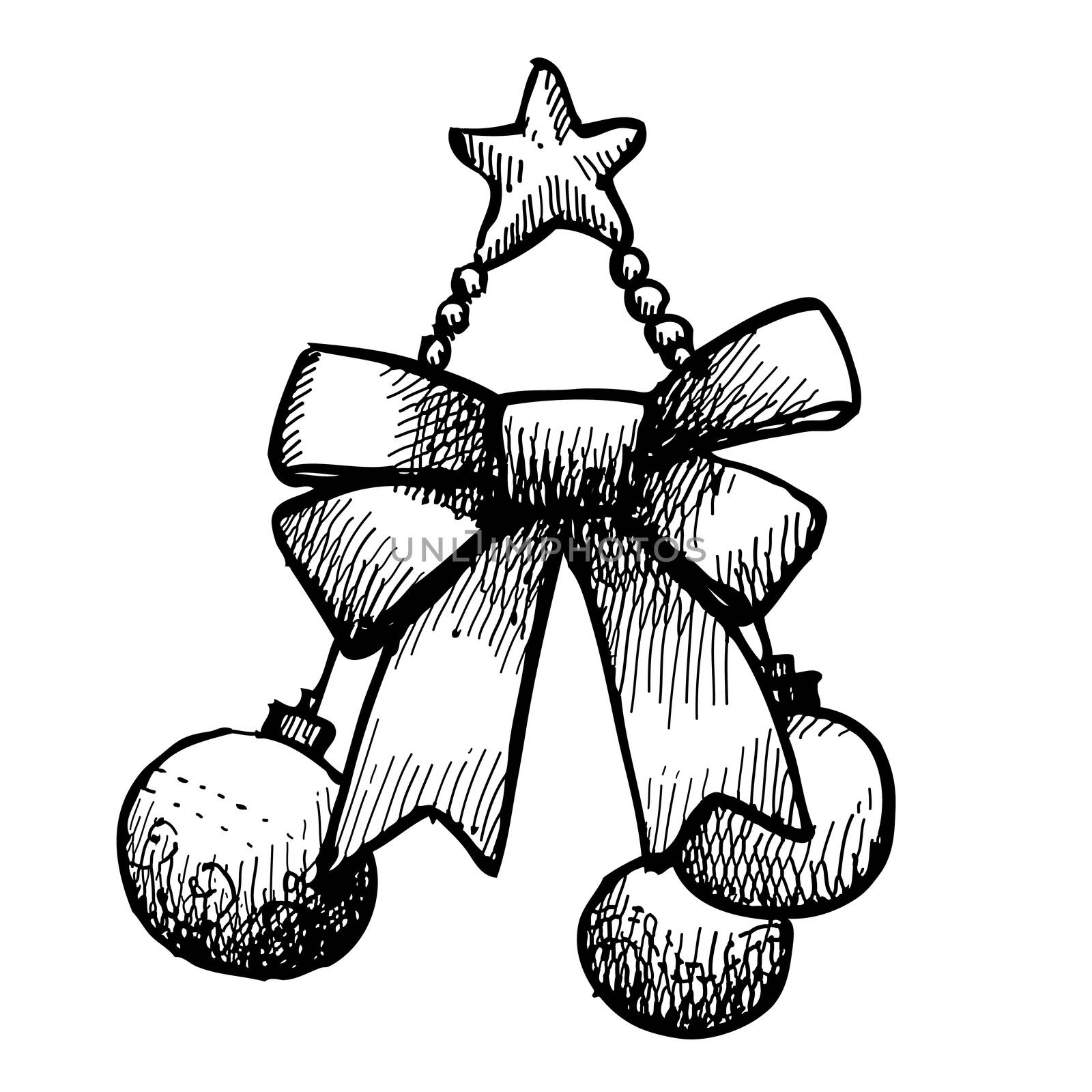 Freehand illustration of grunge Christmas balls, bow, and star on white background, doodle hand drawn