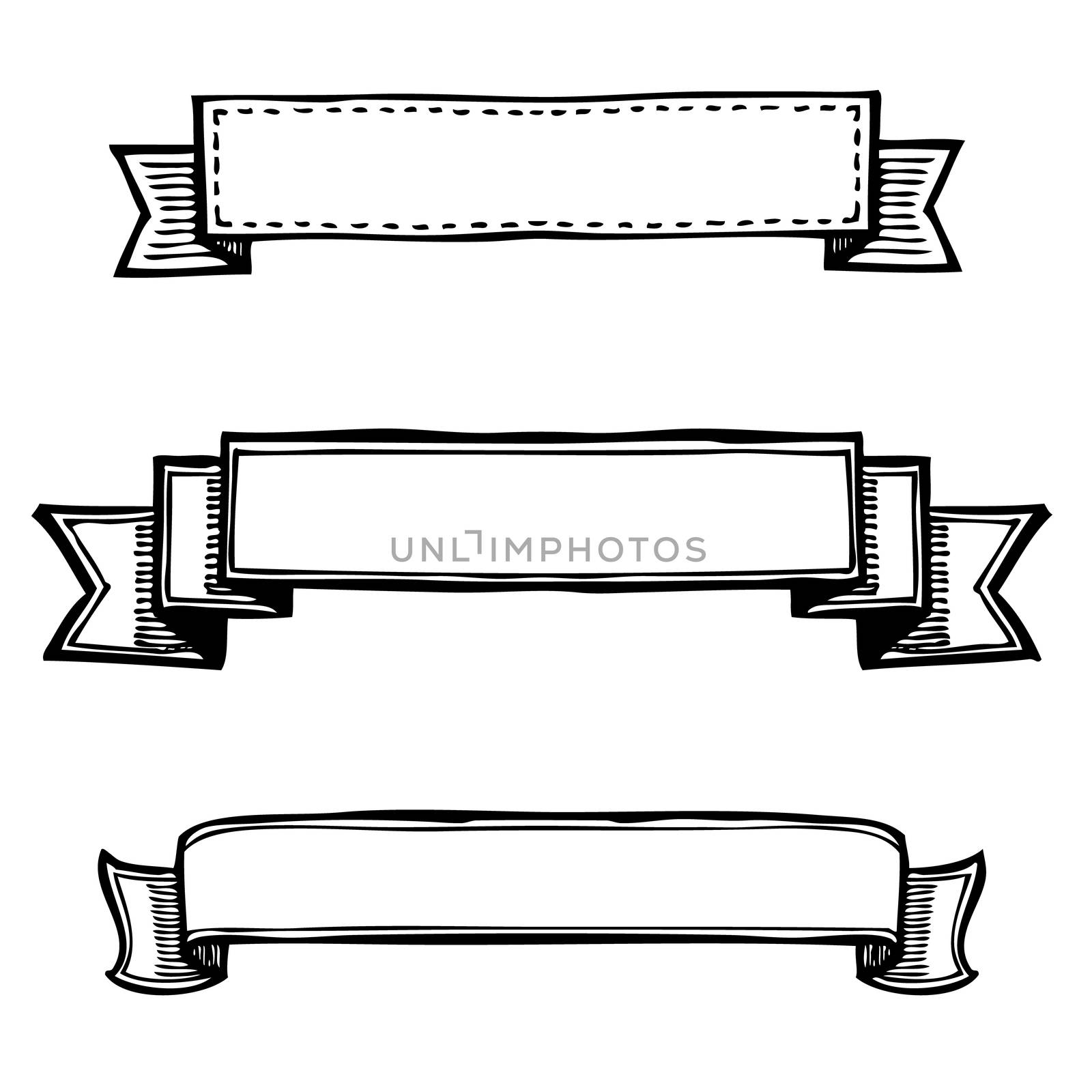 Freehand illustration of set of grunge ribbon banners on white background, doodle hand drawn