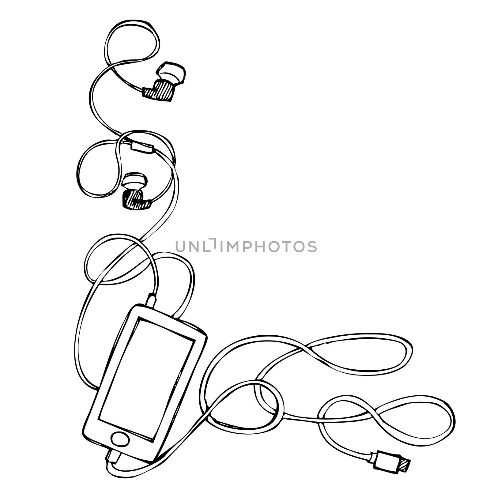 Freehand illustration ornament of grunge smart phone with earphones, usb cable and plug on white background, doodle hand drawn