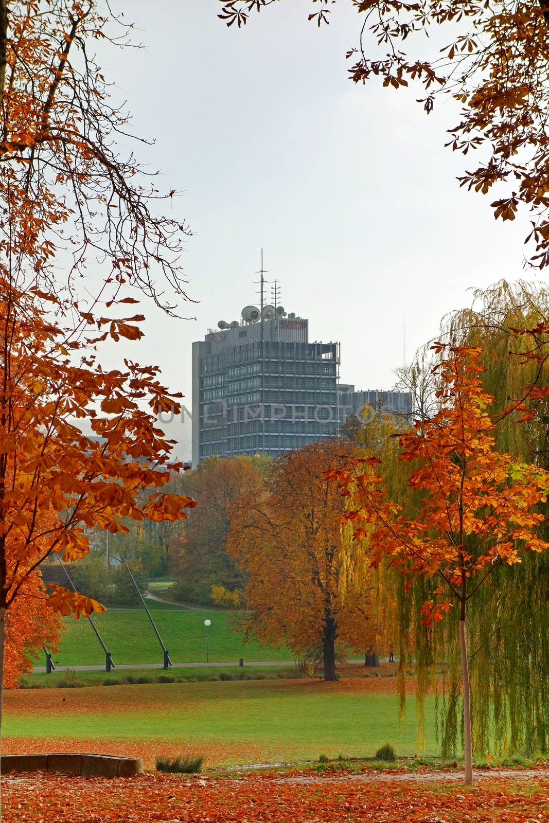 Stuttgart, Germany - November 1, 2013: Suedwestrundfunk SWR Funkhaus (TV and Radio broadcast studio) Stuttgart - view from Unterer Schlossgarten (Lower Castle Garden), autumn landscape.