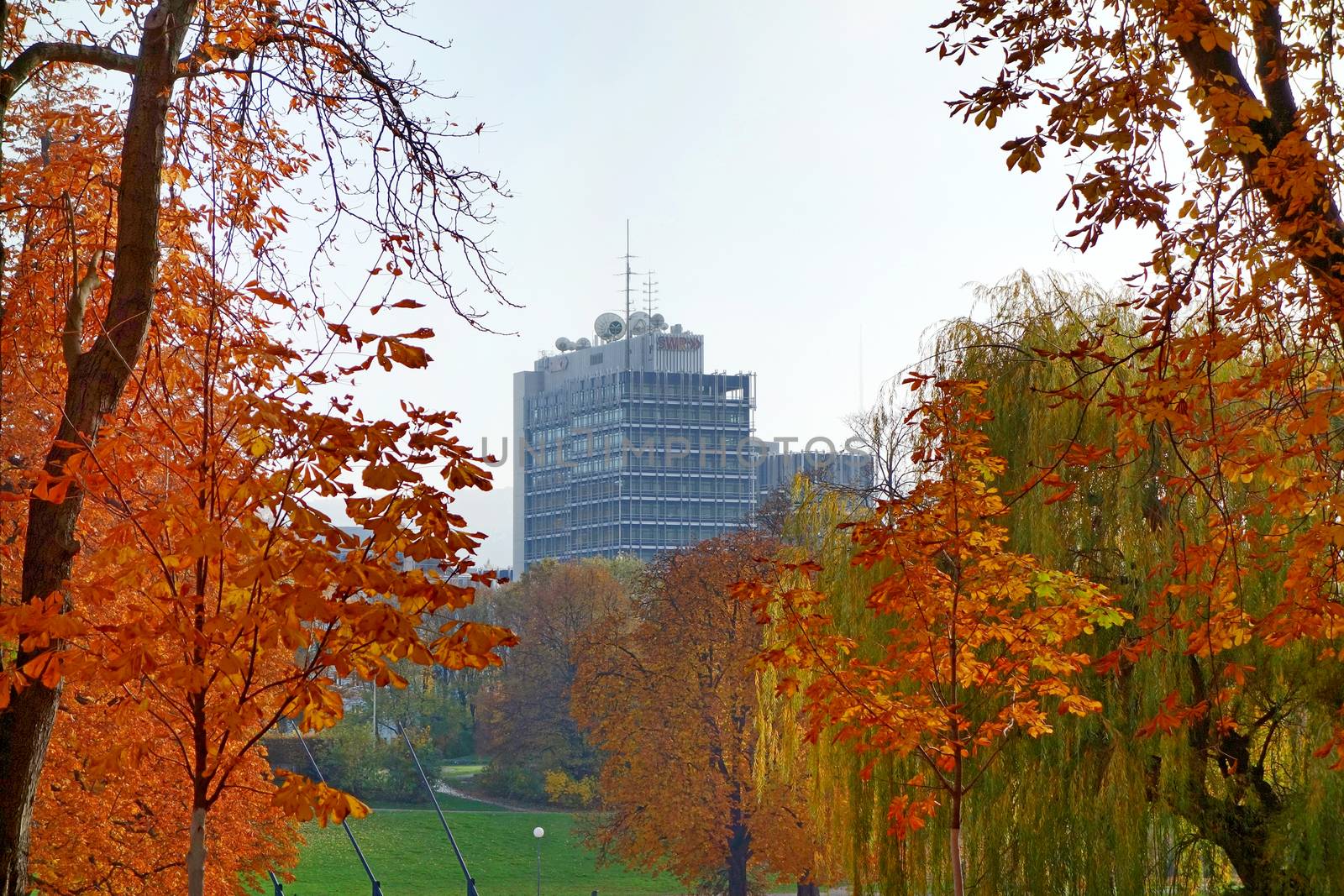 Stuttgart, Germany - November 1, 2013: Suedwestrundfunk SWR Funkhaus (TV and Radio broadcast studio) Stuttgart - view from Unterer Schlossgarten (Lower Castle Garden), autumn landscape.