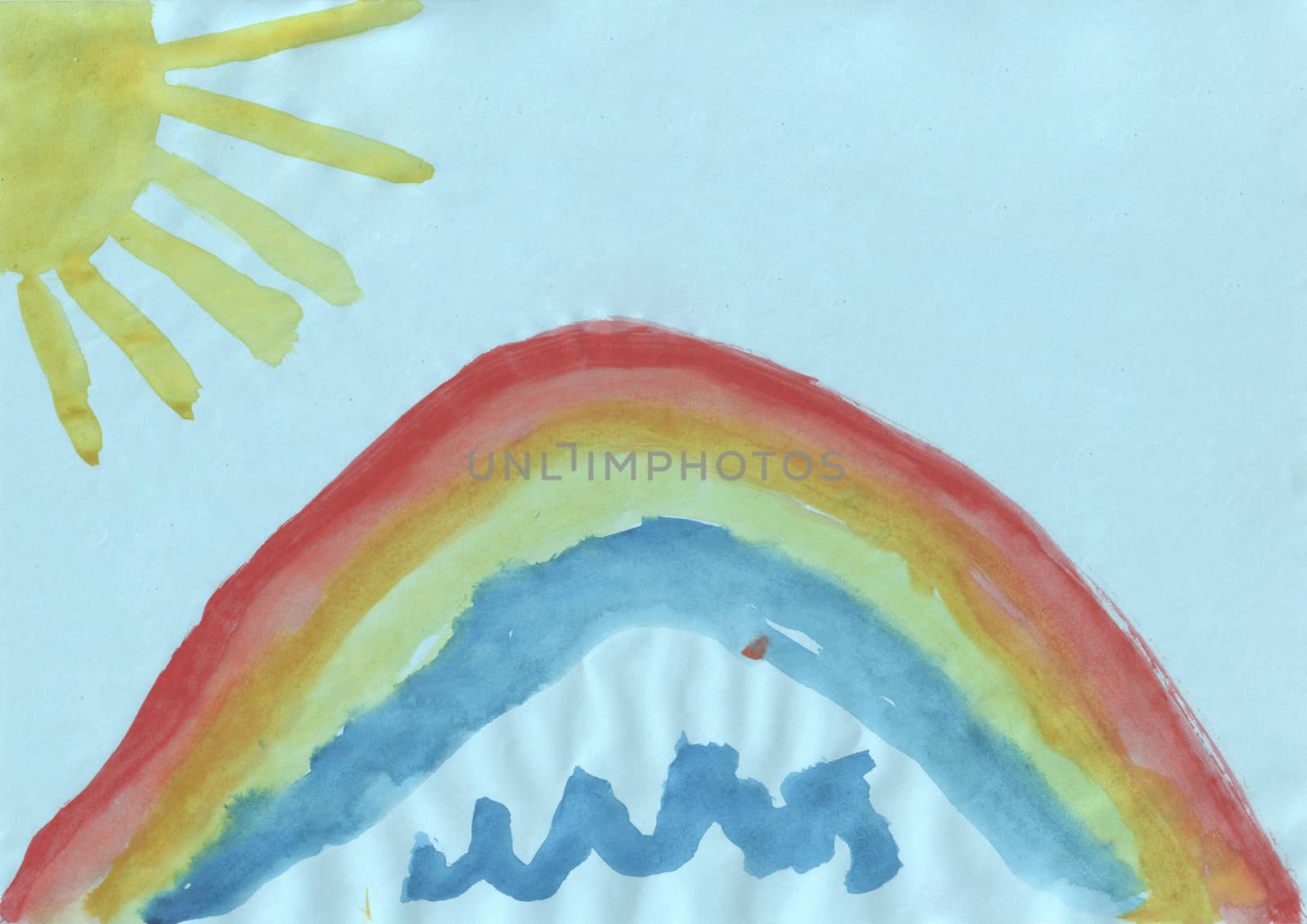 Childrens drawing - multi-colored rainbow and the sun