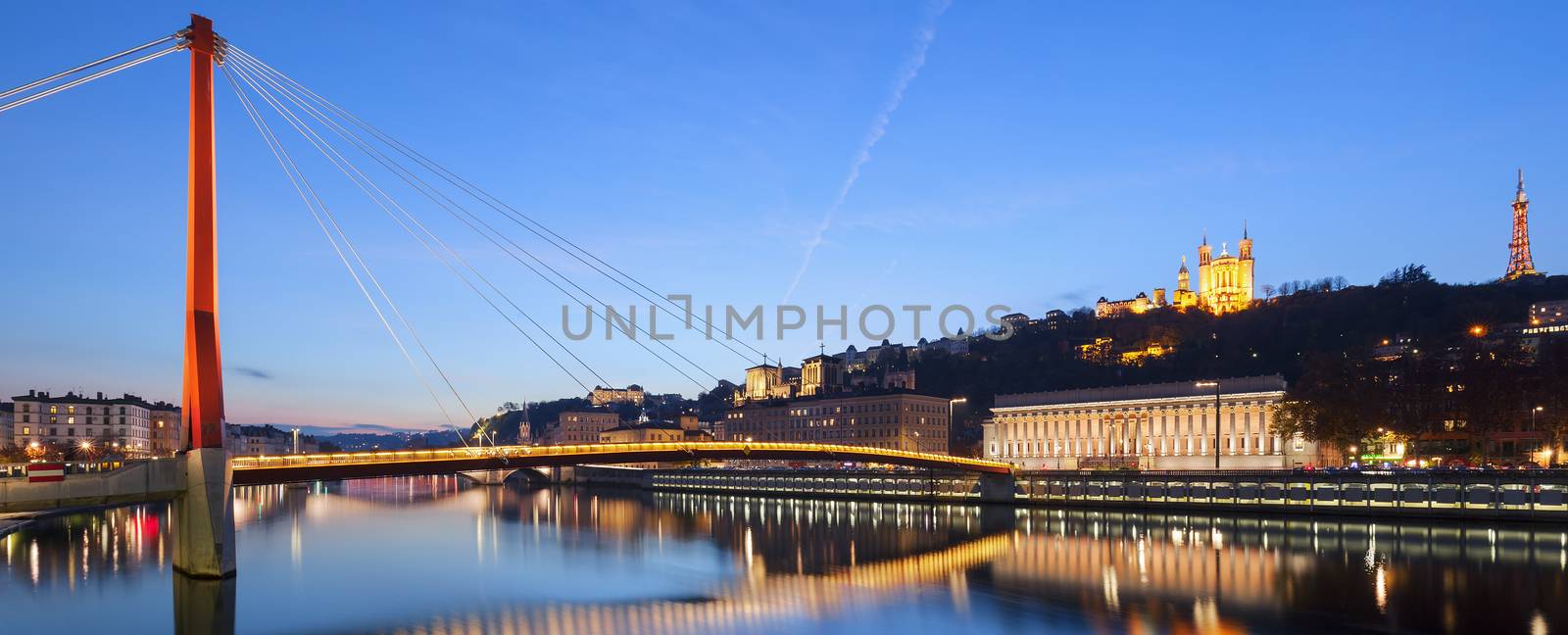 Panoramic view of Saone river at sunset, Lyon, France.