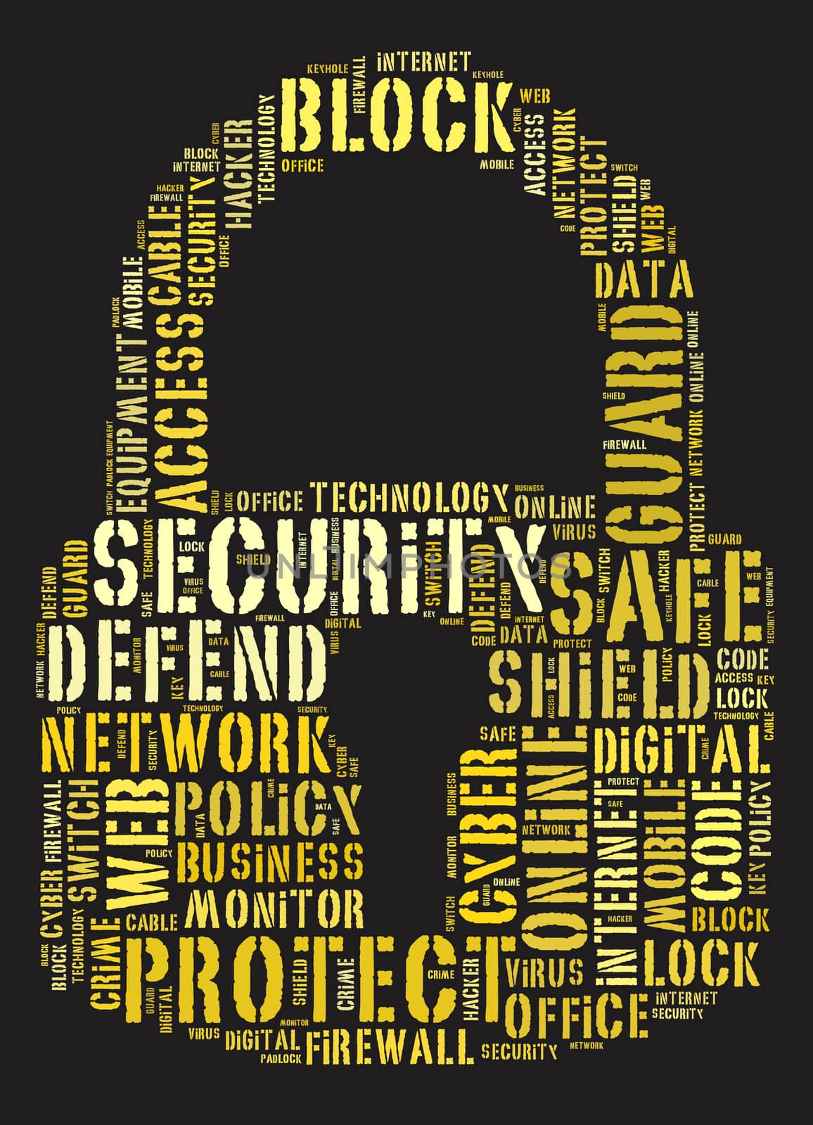 Security word cloud illustration concept over padlock shape