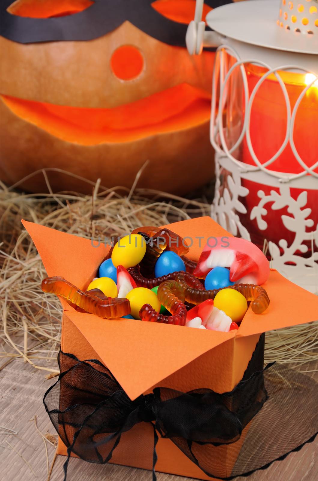 box filled with a variety of sweets on the table for Halloween