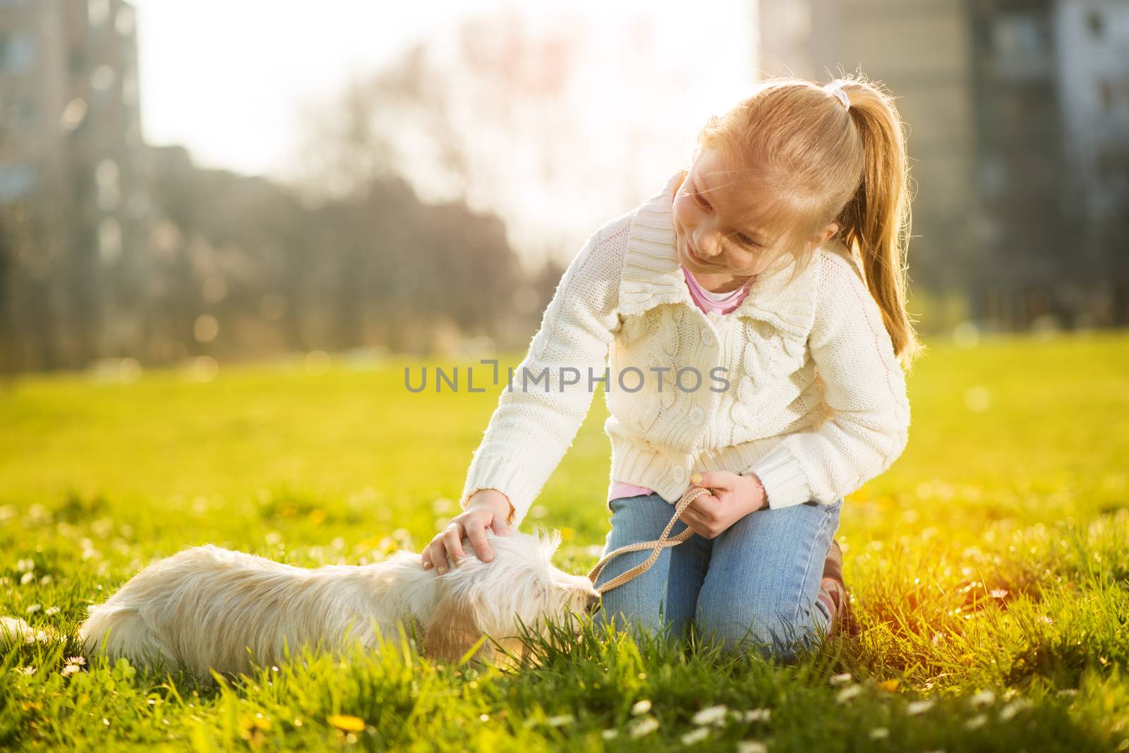 Little girl playing with her puppy dog in the park