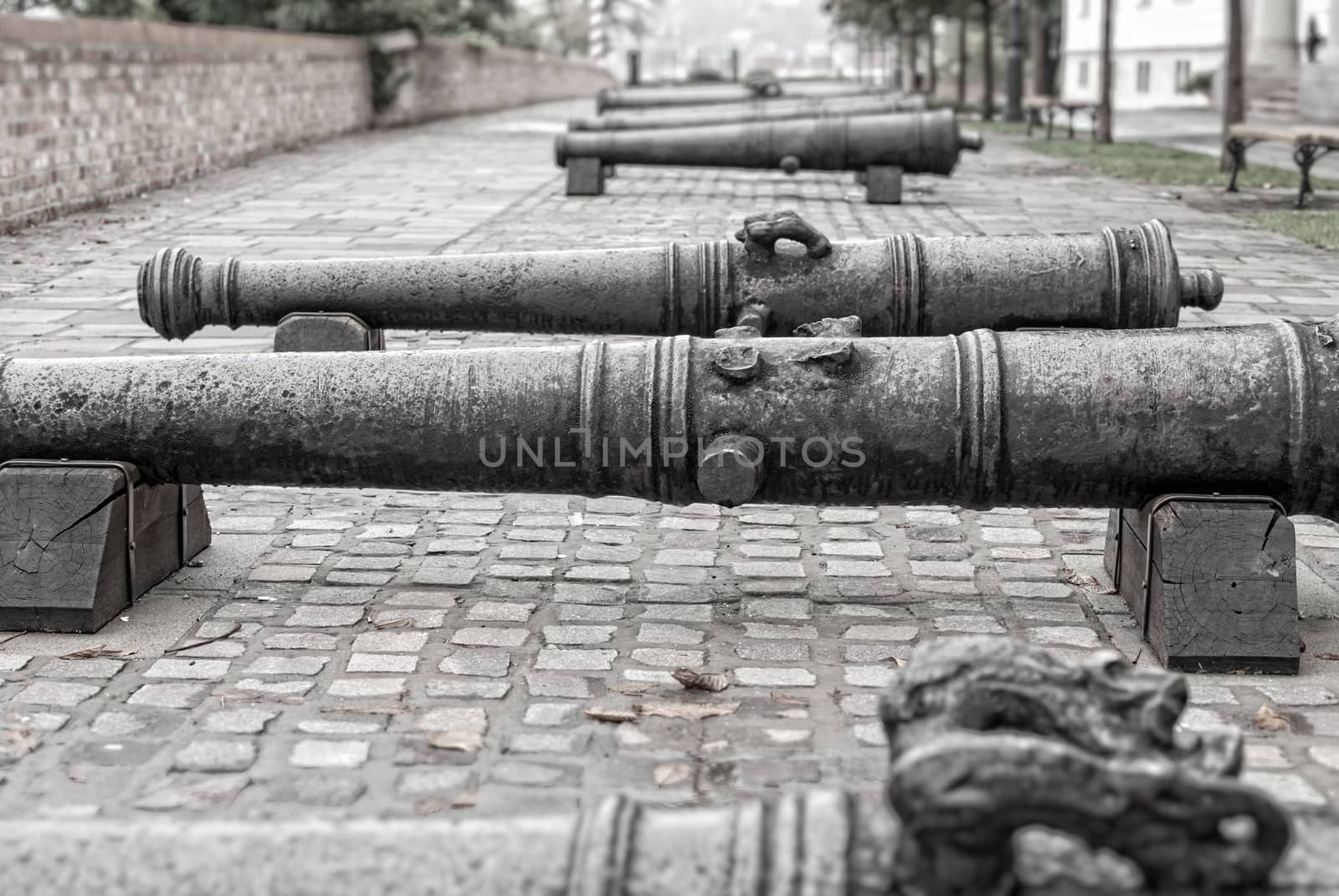 Old iron cannon on Buda hill in Budapest, Hungary. Black-and-white photo