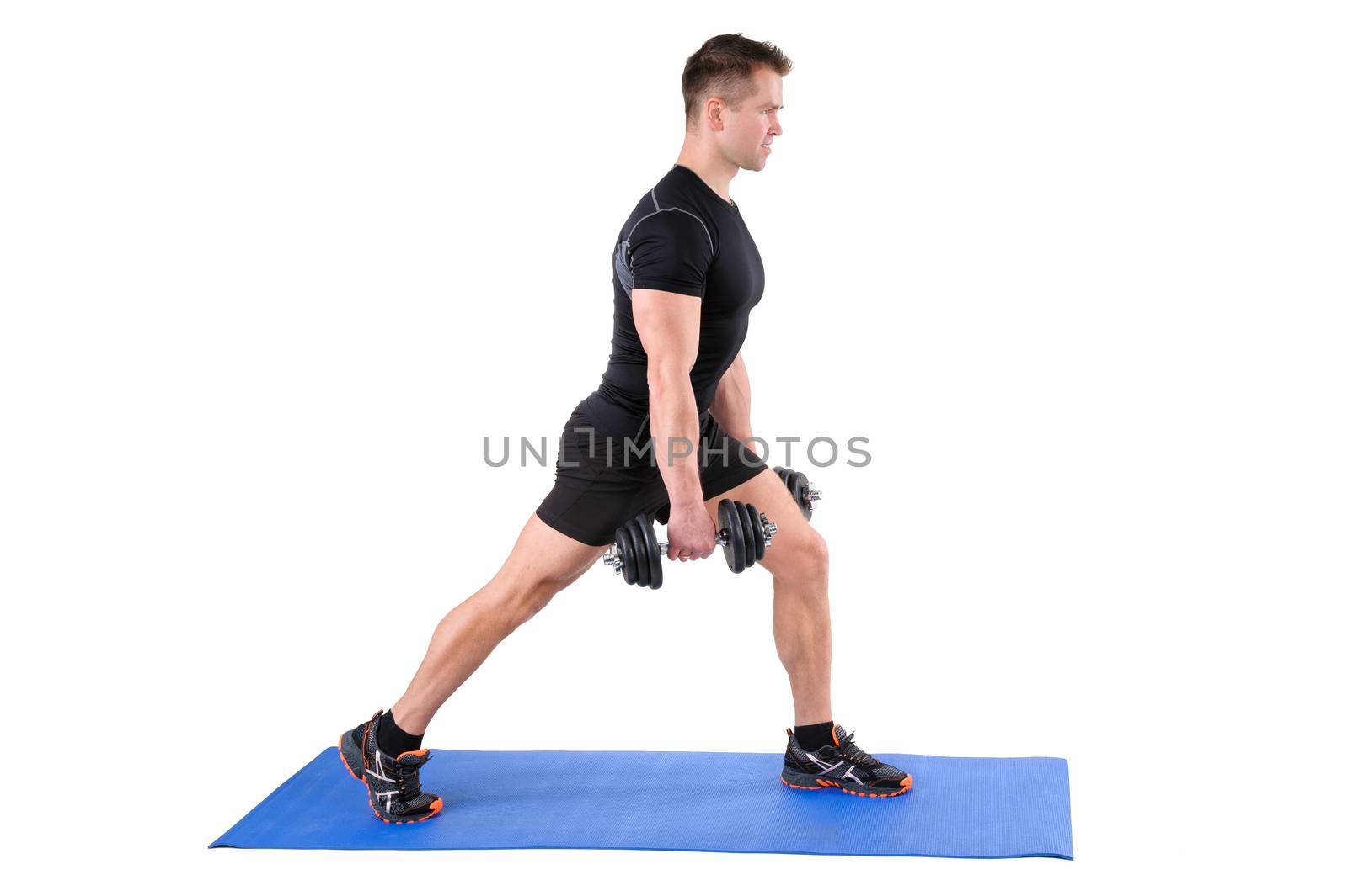 Young man shows starting position of Dumbbell Split-Squat workout, isolated on white