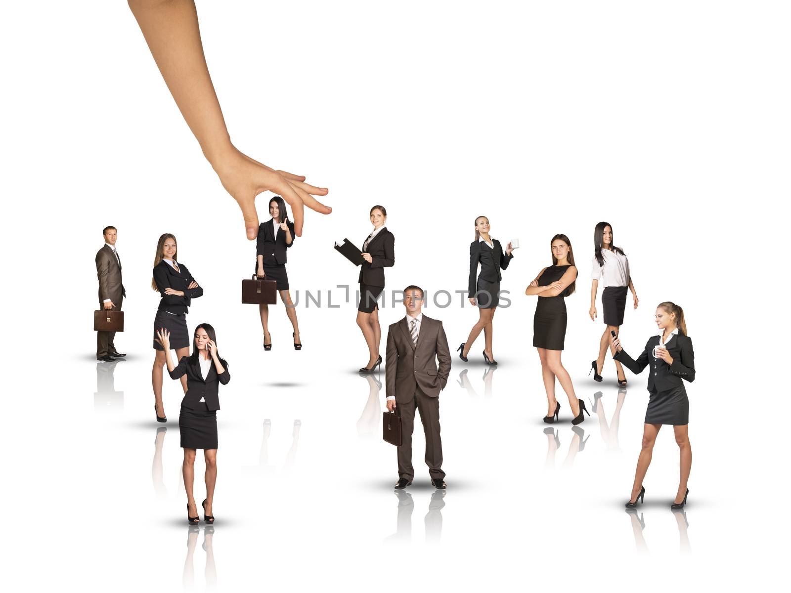 Set of business people with huge hand on white by cherezoff