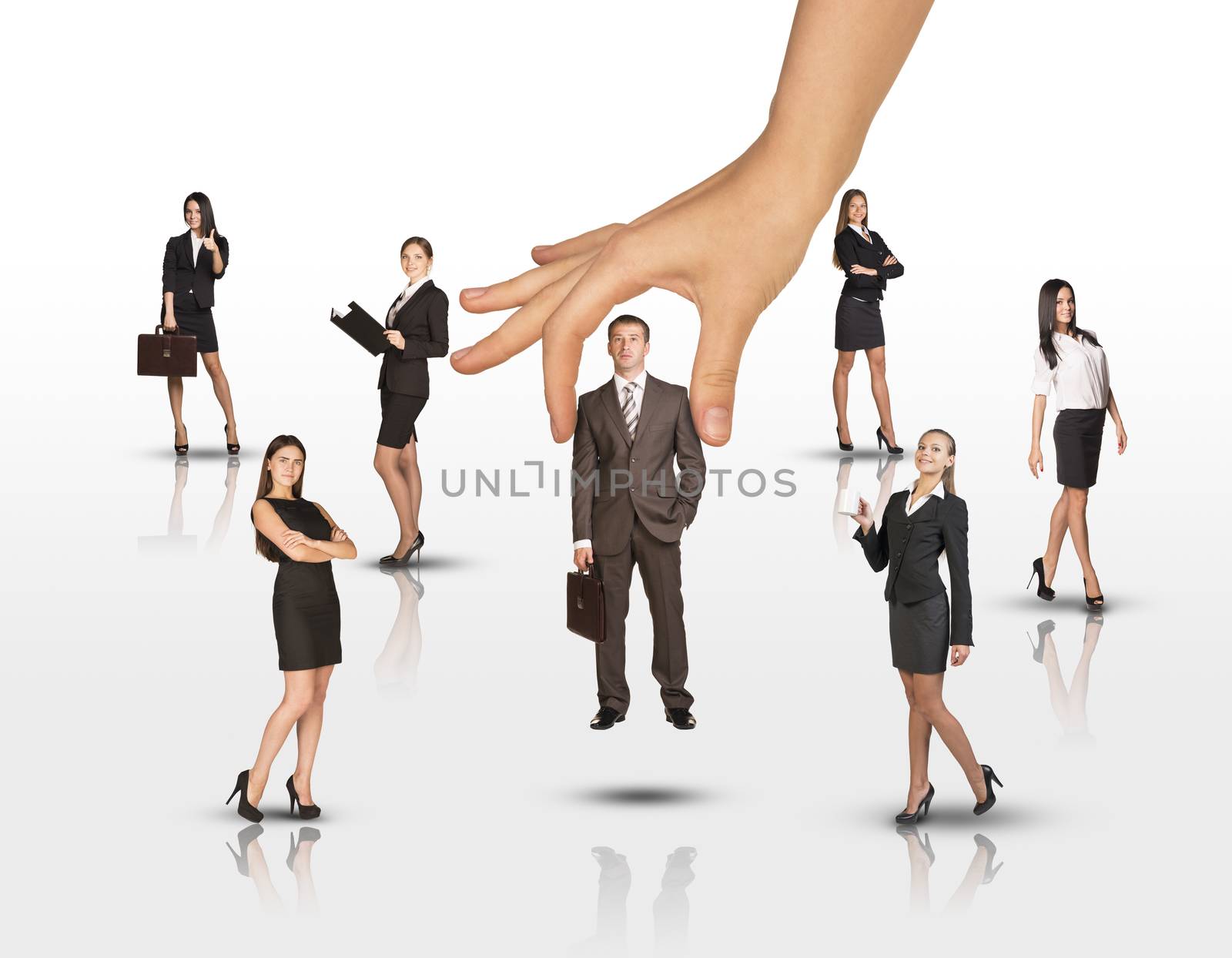 Set of business people with huge arm on white by cherezoff